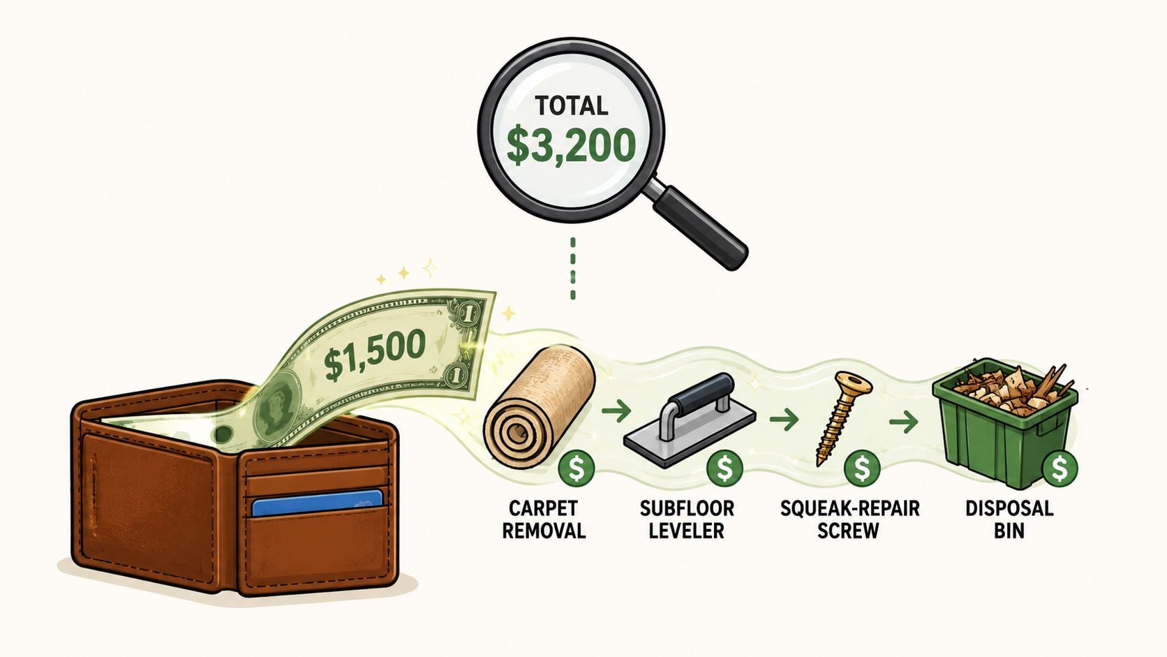 An infographic showing the estimated 3,200 dollar total cost for hardwood flooring installation including various renovation steps.