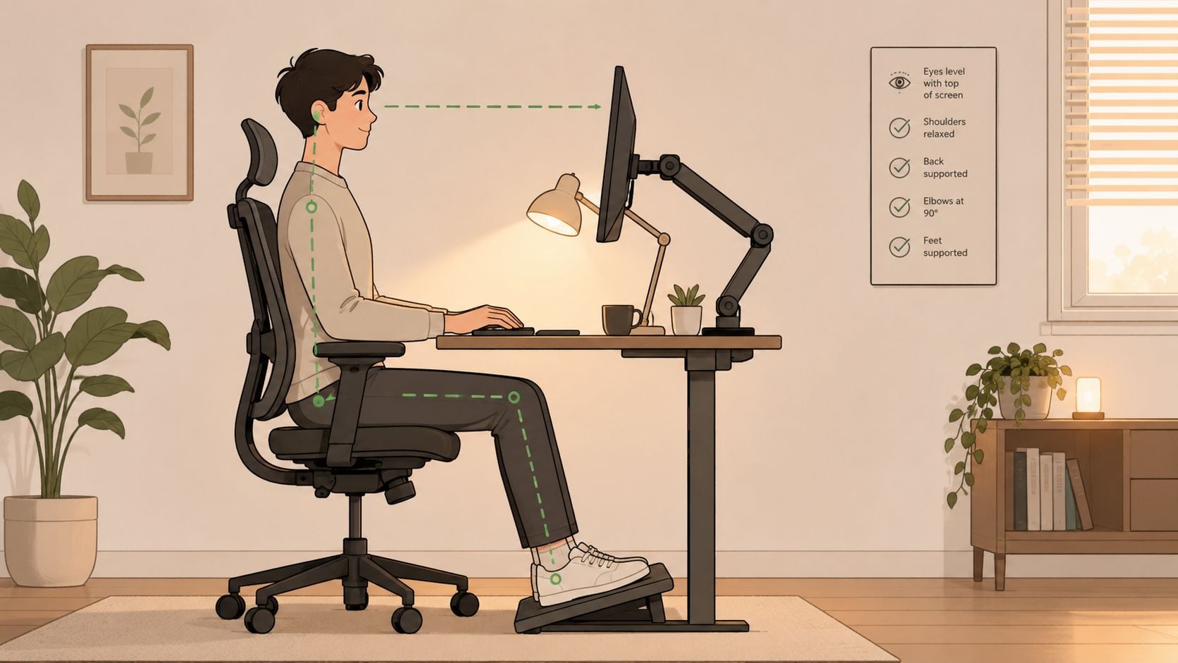 A man sitting in an ergonomic chair at a desk with proper posture and monitor alignment.