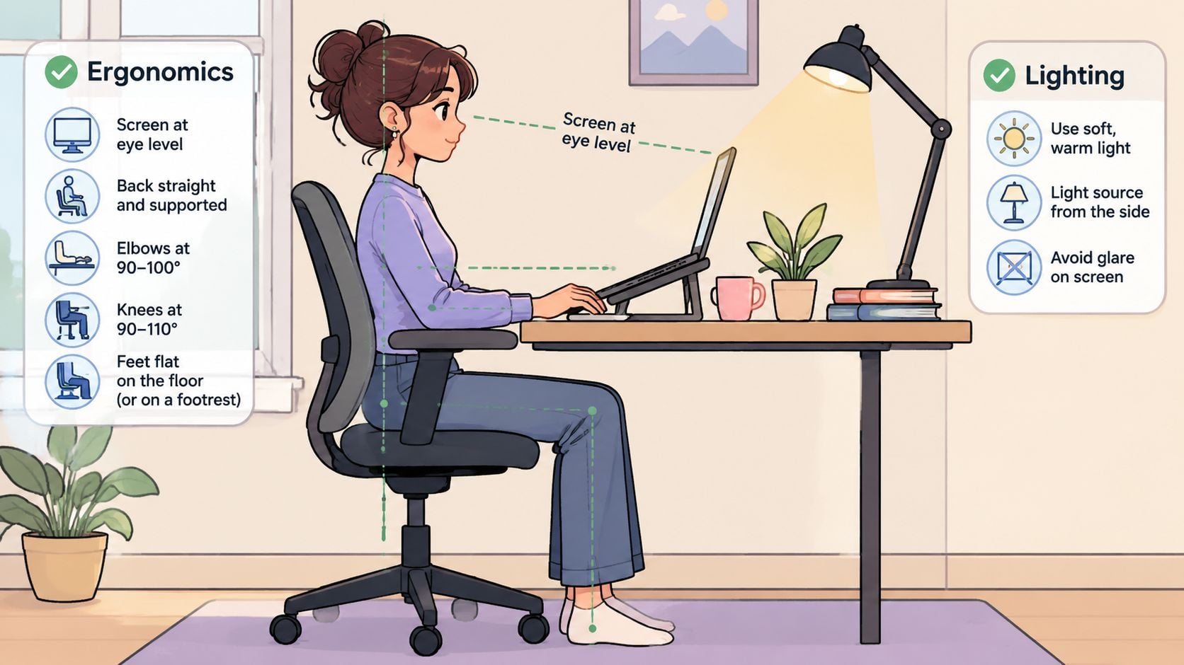 A digital illustration showing the correct ergonomic posture and proper lighting for a home office workspace.