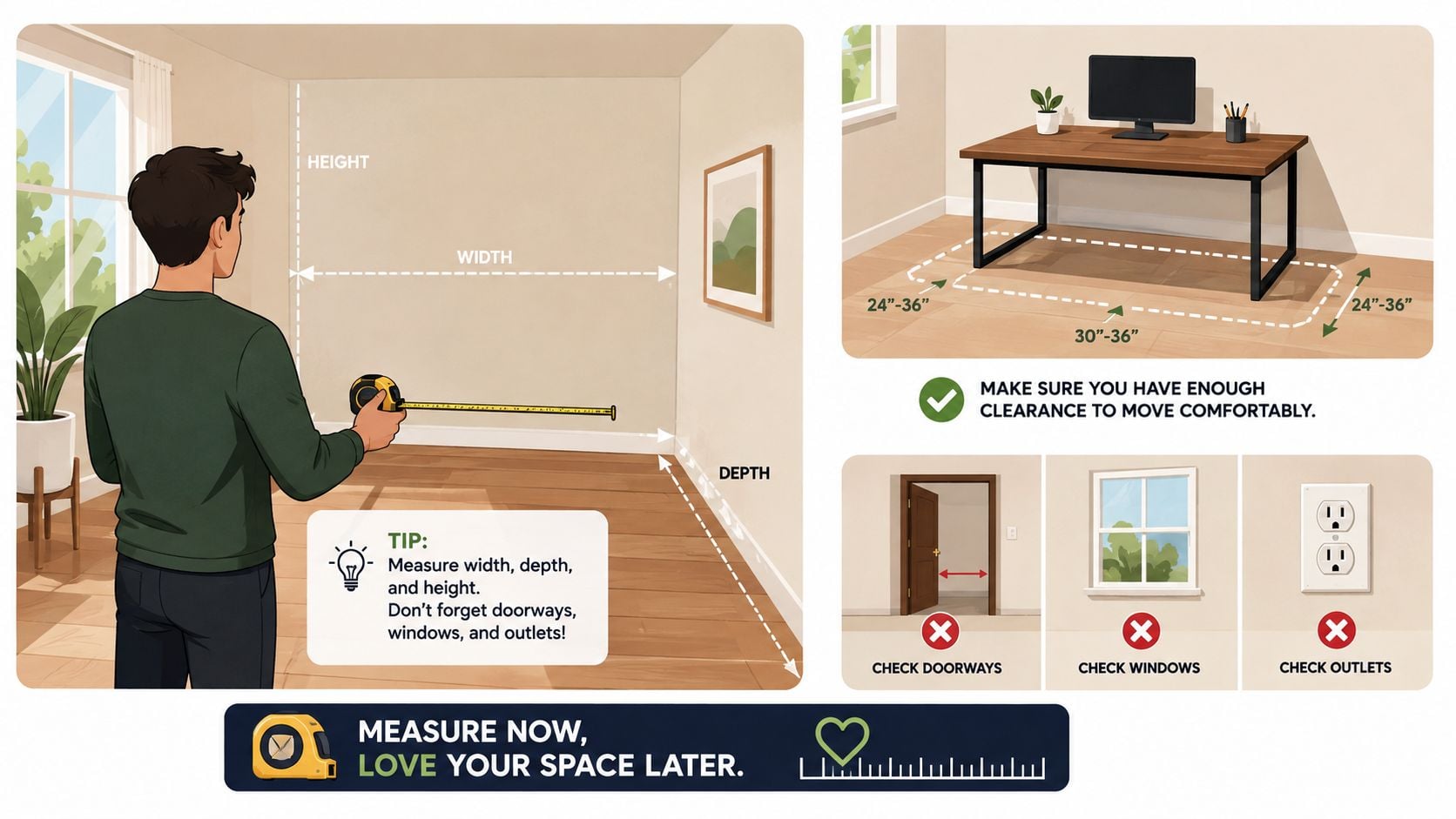 A person measuring a room for home office furniture using a tape measure for height and depth.
