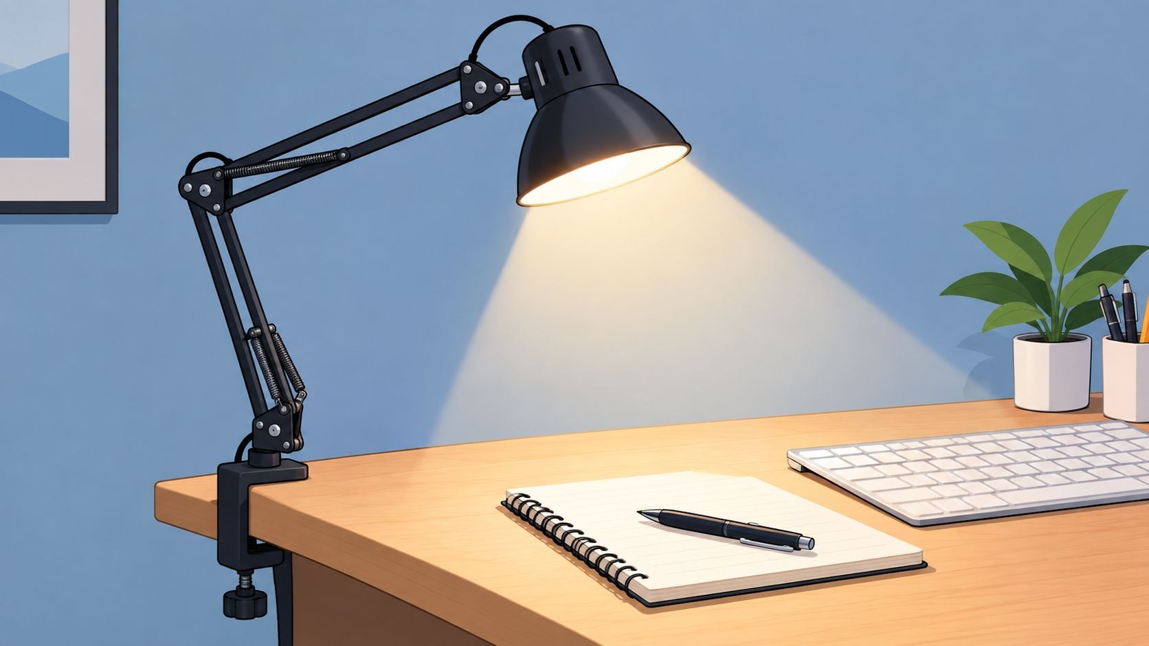 A black architectural desk lamp illuminating a notepad and pen on a light wood office desk.