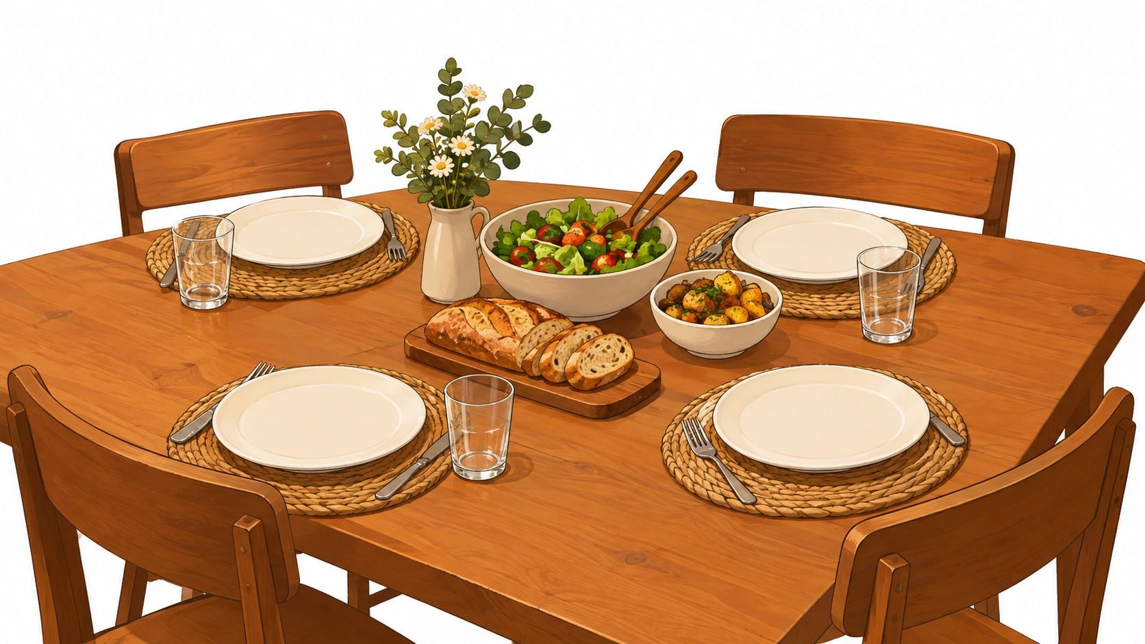 A cozy wooden dining table set for four with plates, glasses, salad, bread, and a flower vase.