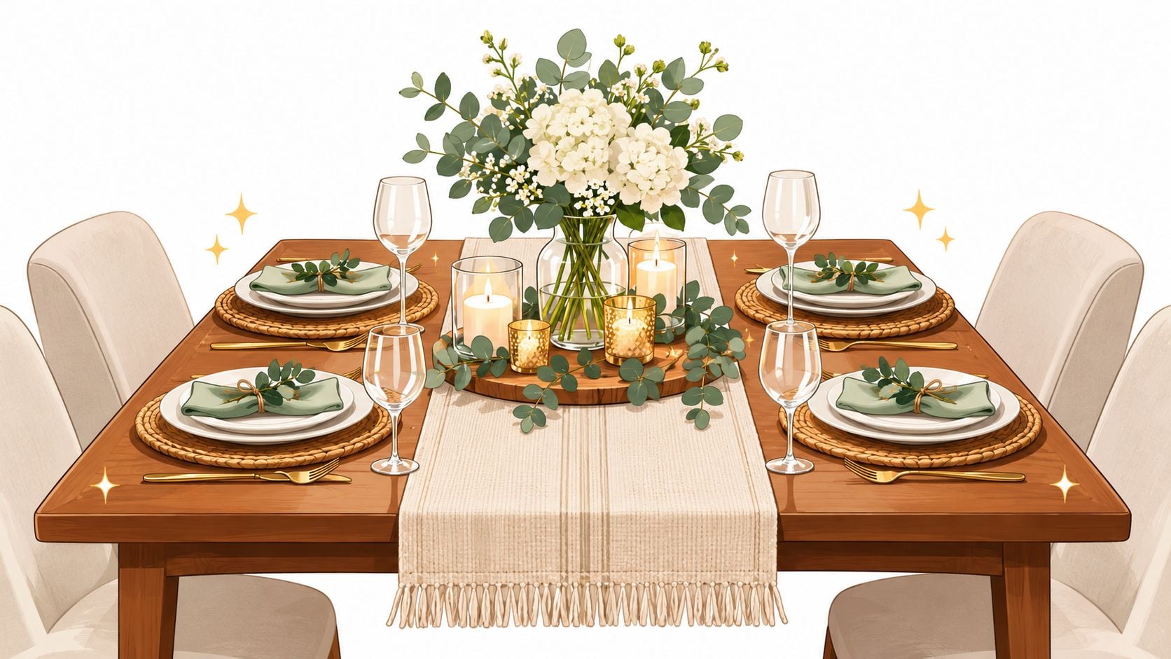 A beautifully decorated wooden dining table set for four with white flowers, candles, and place settings.