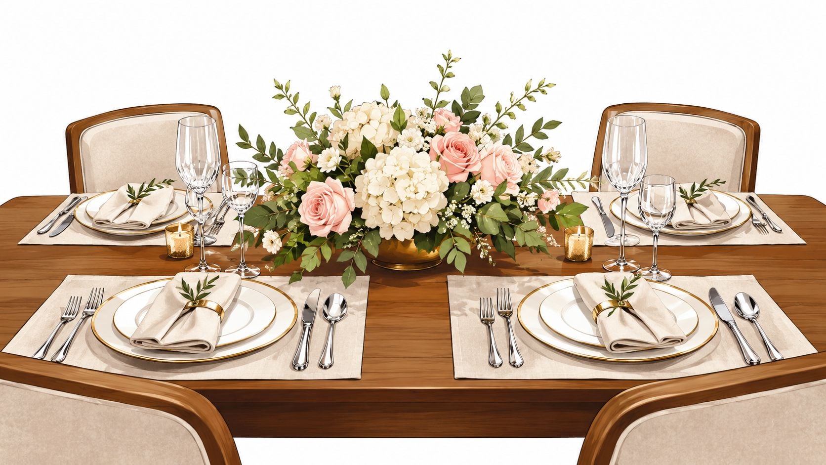A beautifully set formal wooden dining table featuring four place settings, elegant glassware, and a floral centerpiece.