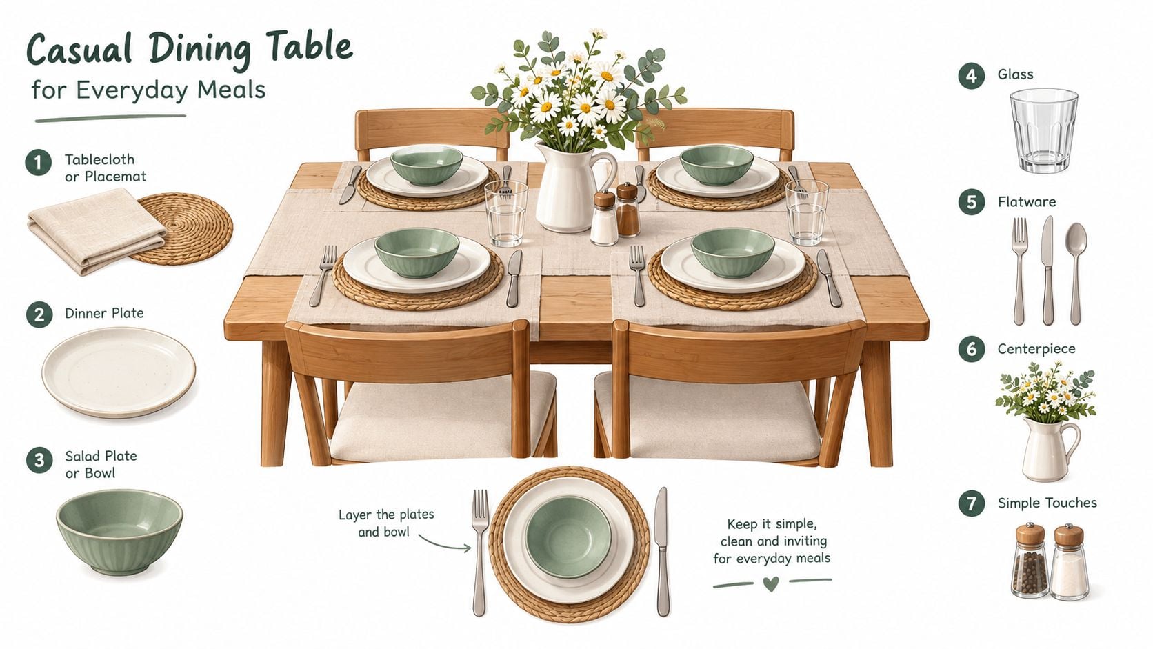 A diagram illustrating how to set a casual dining table with placemats, plates, bowls, and silverware.