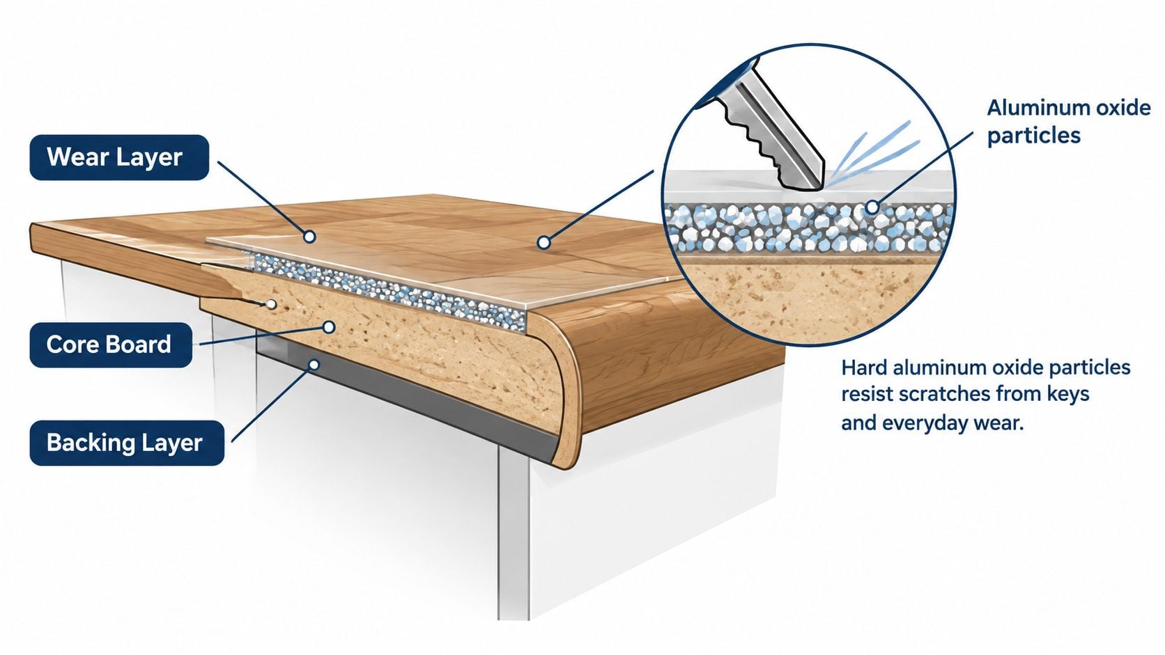 A diagram illustrating the layered cross-section construction of durable laminate flooring designed for stair installation.