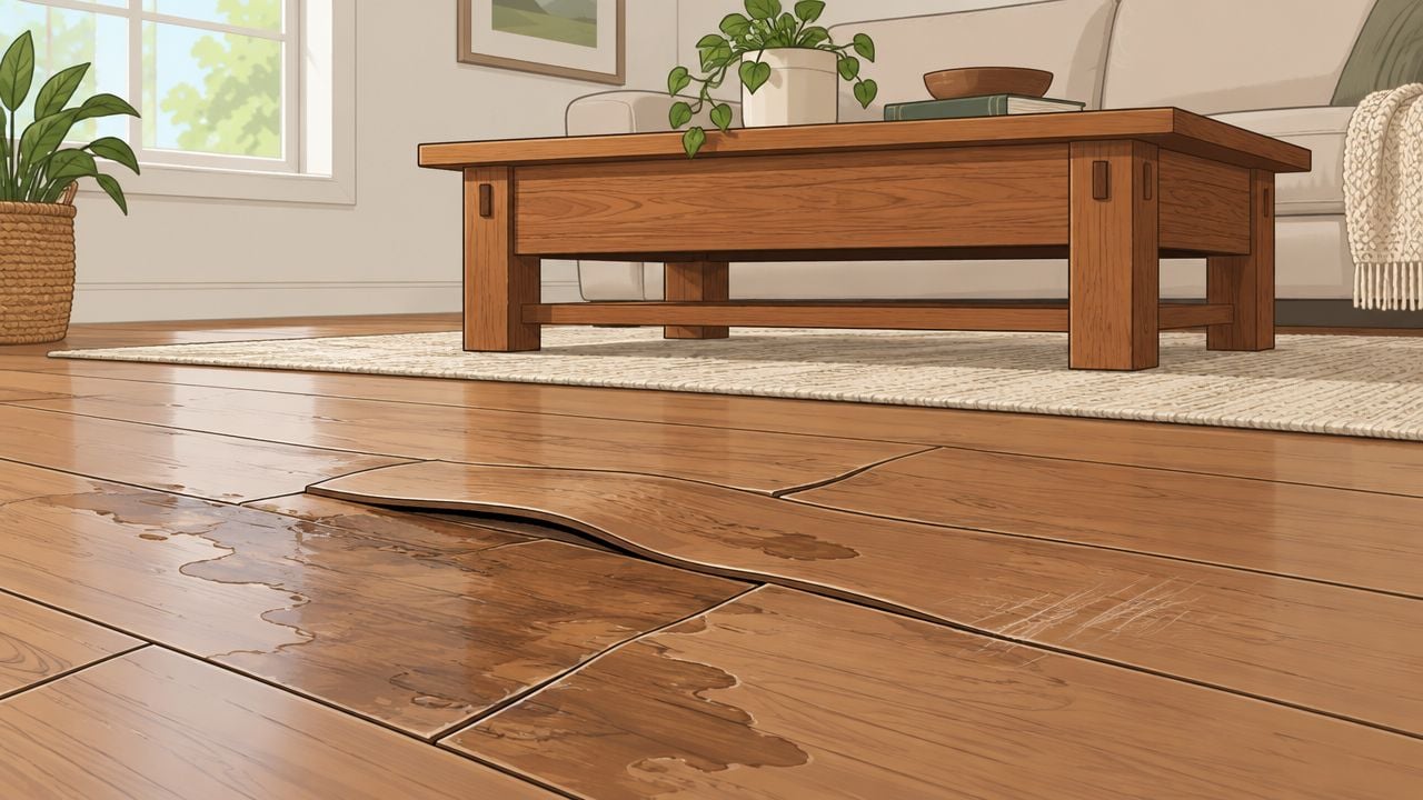 A close-up view of water-damaged laminate flooring boards that are warped and buckled inside a living room.