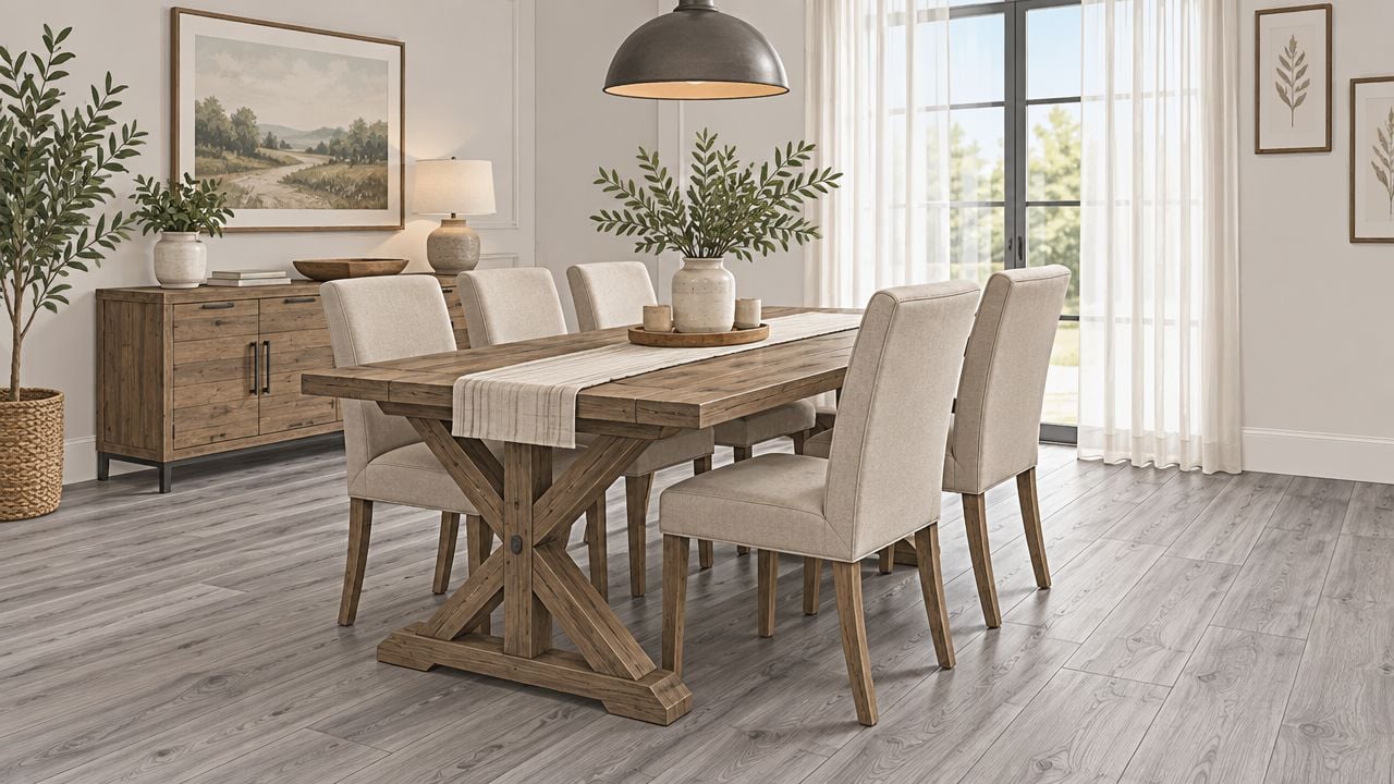 A modern dining room featuring a rustic wooden table, upholstered chairs, and light-colored laminate wood-look flooring.