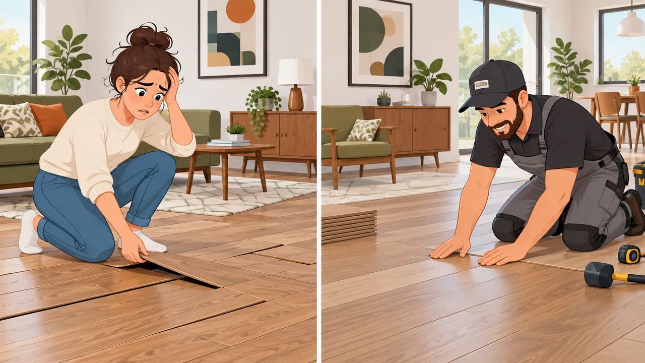 A split-screen illustration showing a distressed woman with damaged flooring and a happy handyman repairing laminate floors.