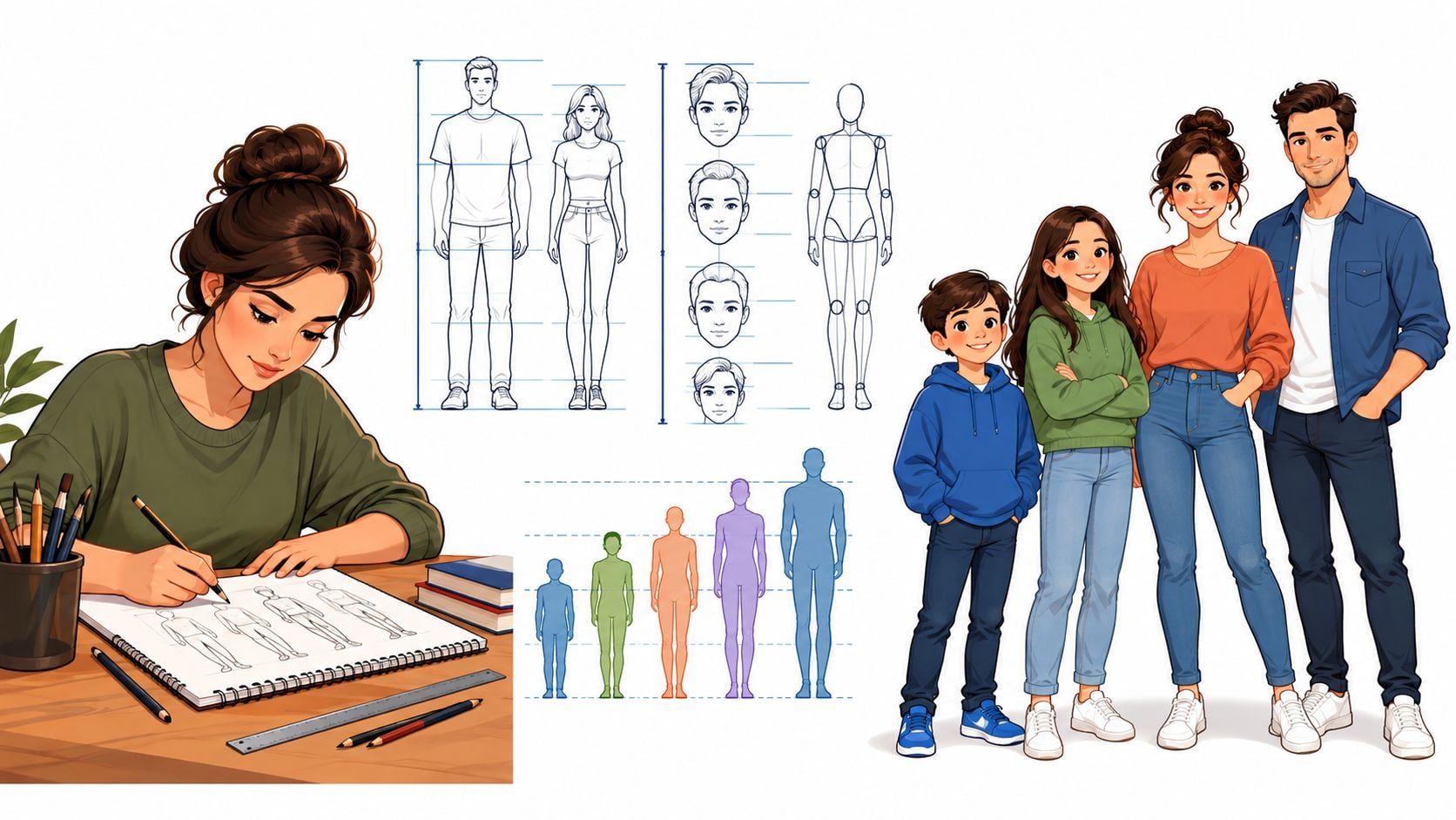 An artist drawing human proportion guides on a sketchpad alongside various character height and anatomy references.