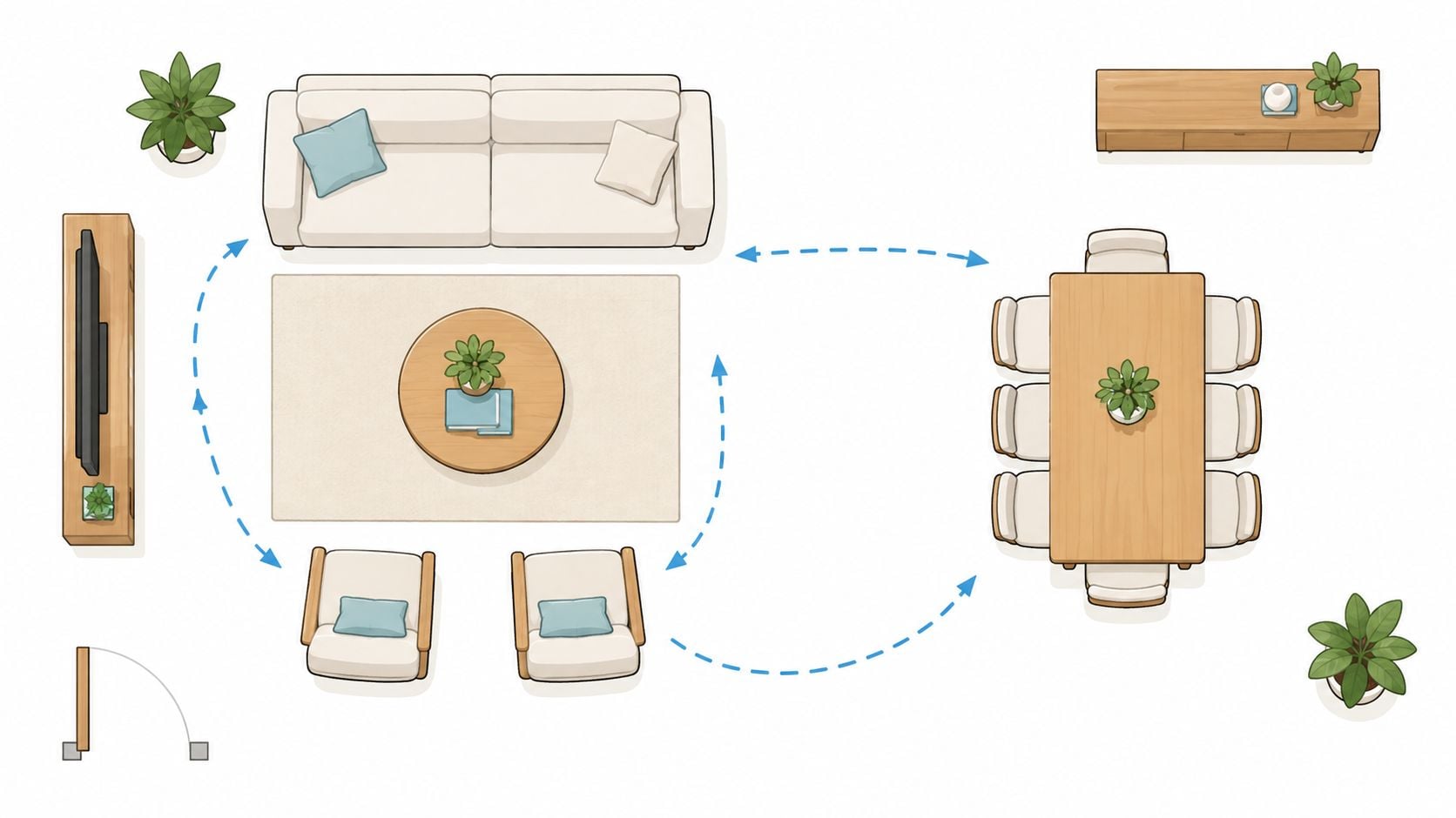 A top-down 2D floor plan layout showing a living room and dining room in a modern home.
