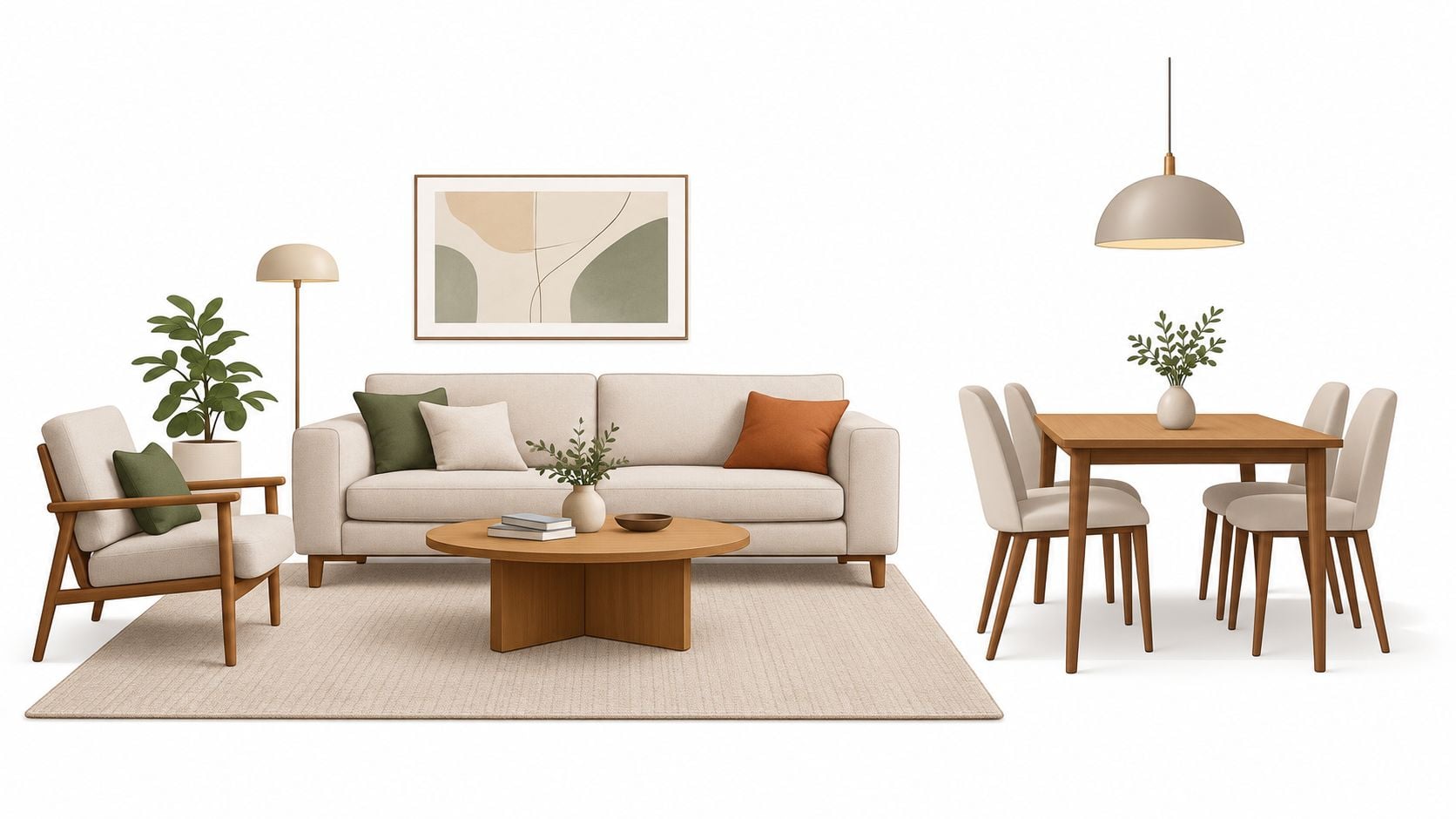 A modern living and dining room furniture set featuring a beige sofa, wooden coffee table, and dining table.