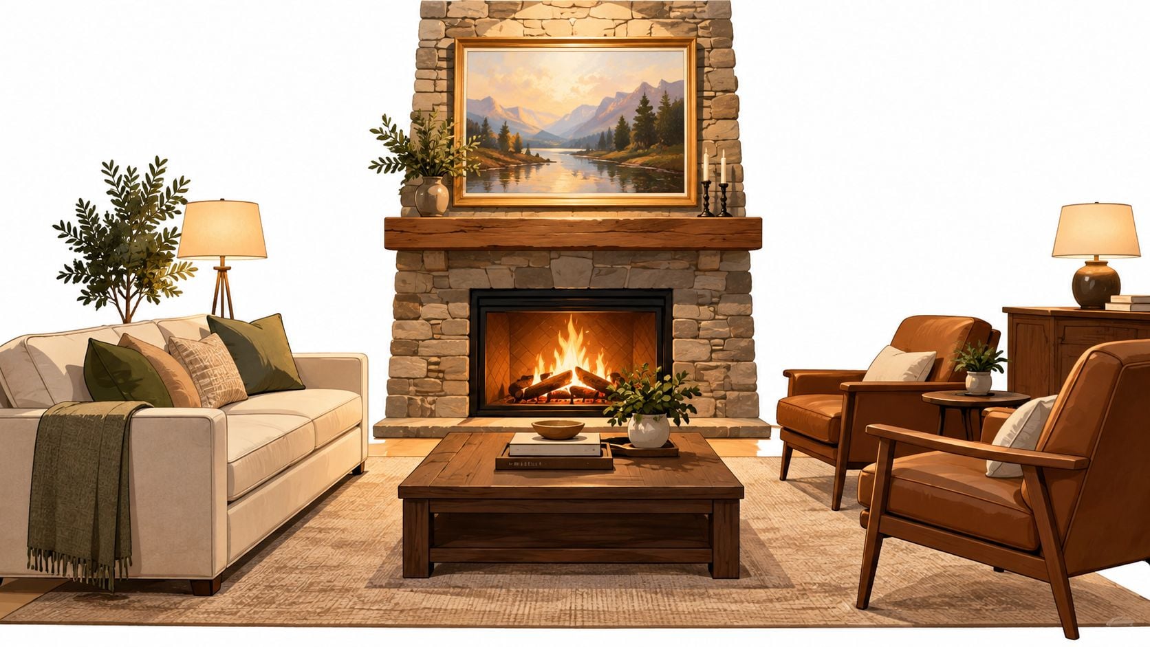 A cozy living room featuring a stone fireplace, brown leather chairs, cream sofa, and wooden coffee table.