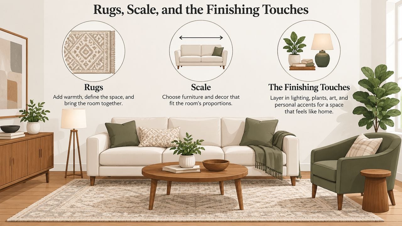 An illustration showcasing interior design tips for rugs, furniture scale, and decor to create a cozy living room.