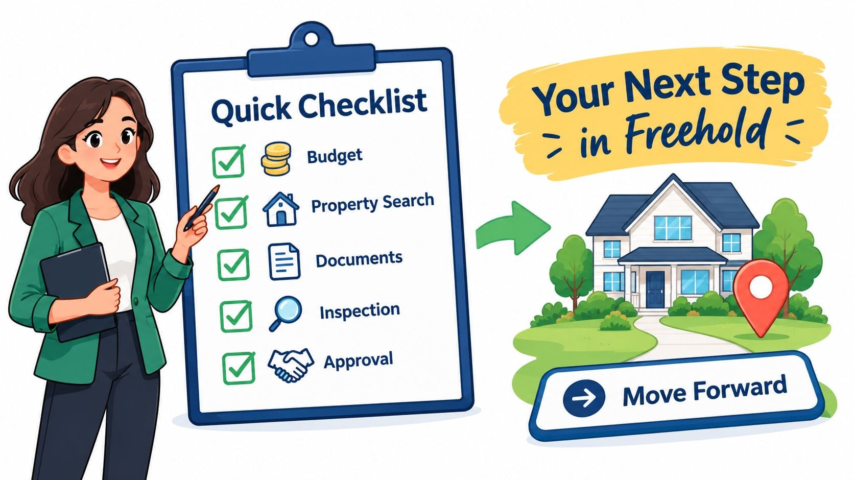 A woman presenting a quick real estate checklist for purchasing a home in a friendly illustrated style.
