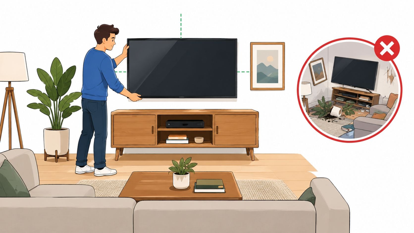 A man carefully mounting a flat-screen television on a living room wall above a wooden media console.