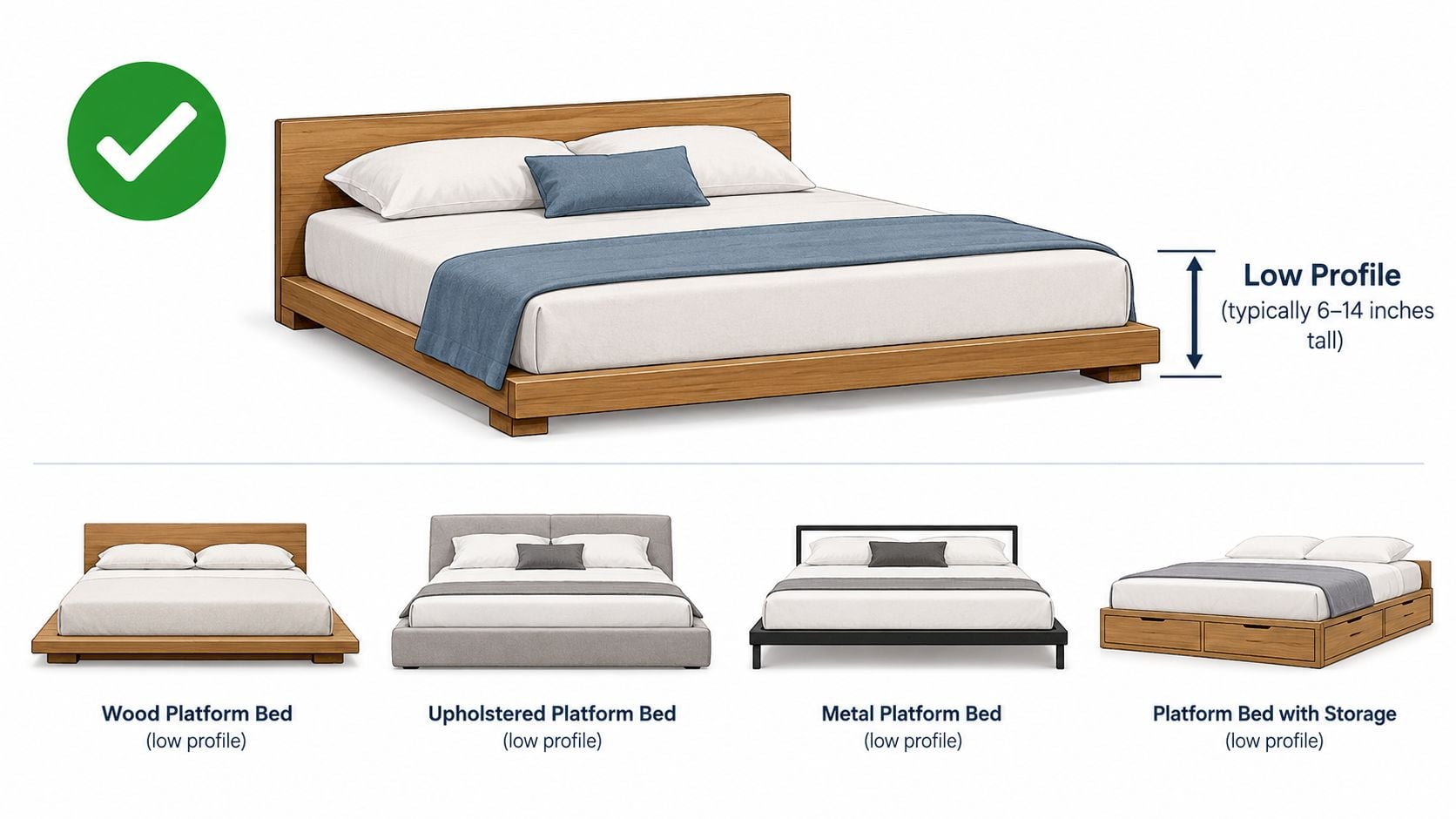 A diagram demonstrating low profile platform bed frames, which typically measure between 6 and 14 inches tall.