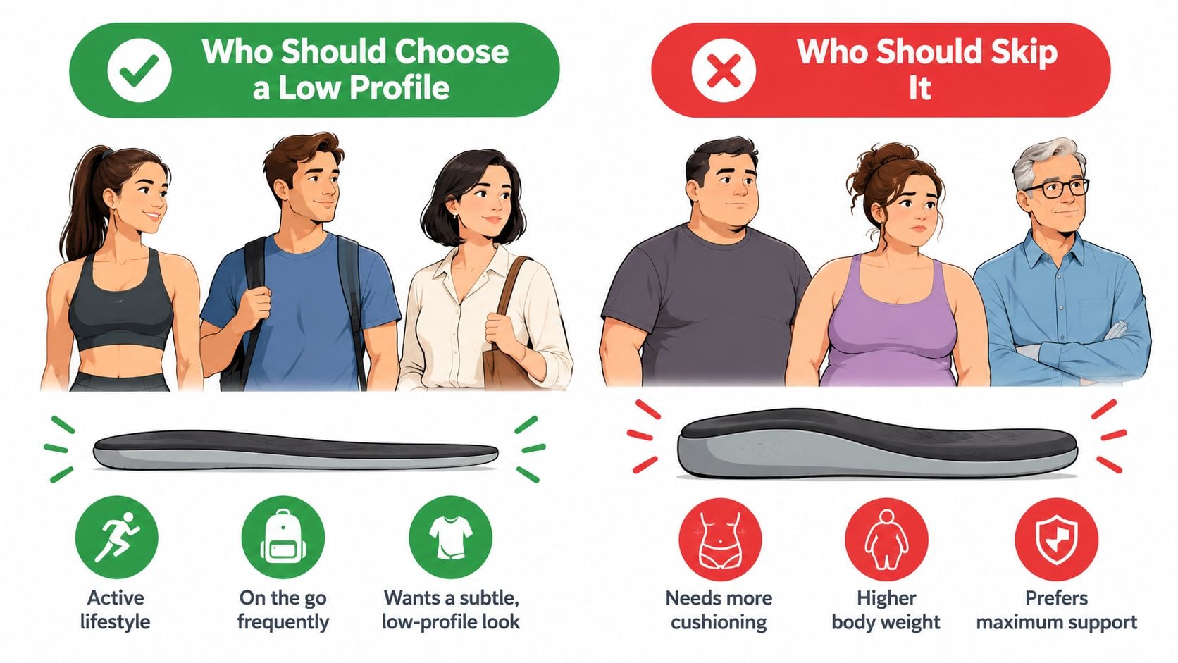 A comparison chart showing who should choose a low profile shoe insole versus who should avoid it.