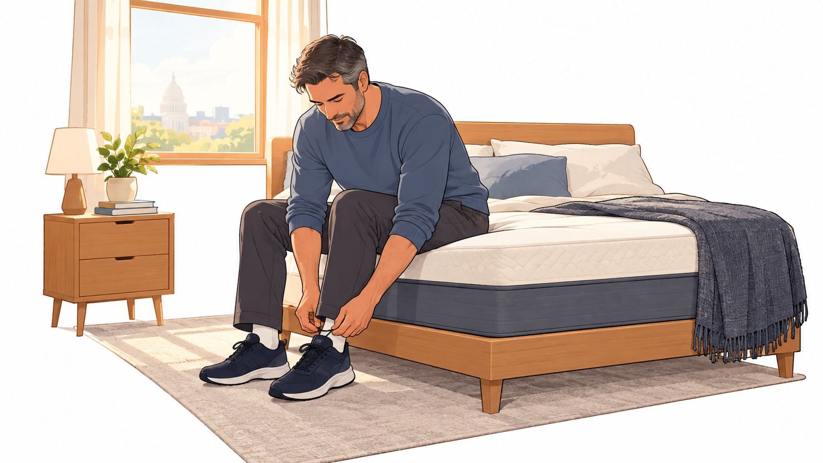 A middle-aged man sitting on the edge of a sturdy mattress while tying his running shoes.