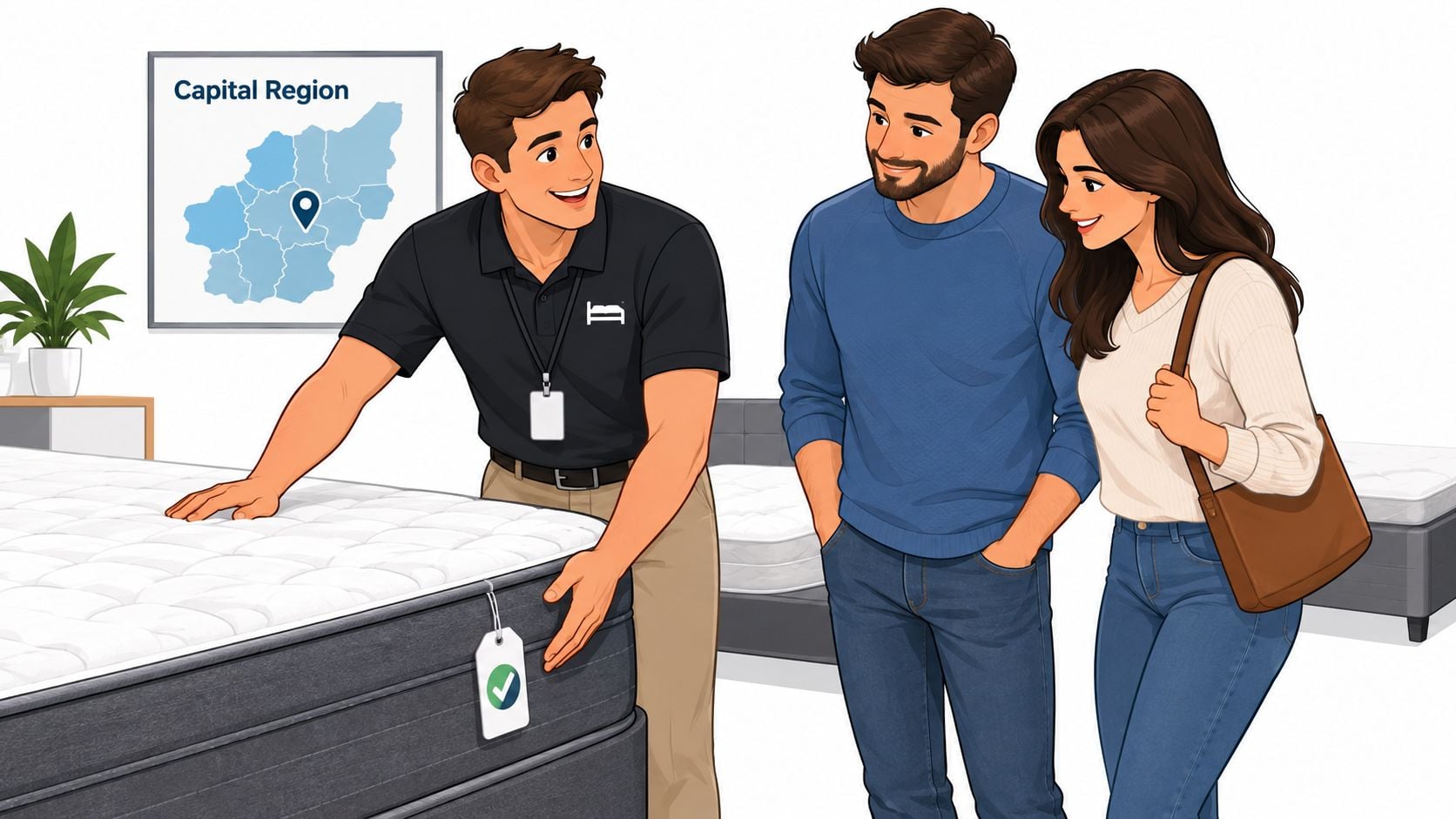 A friendly mattress store employee explains product features to a couple shopping for a new bed.