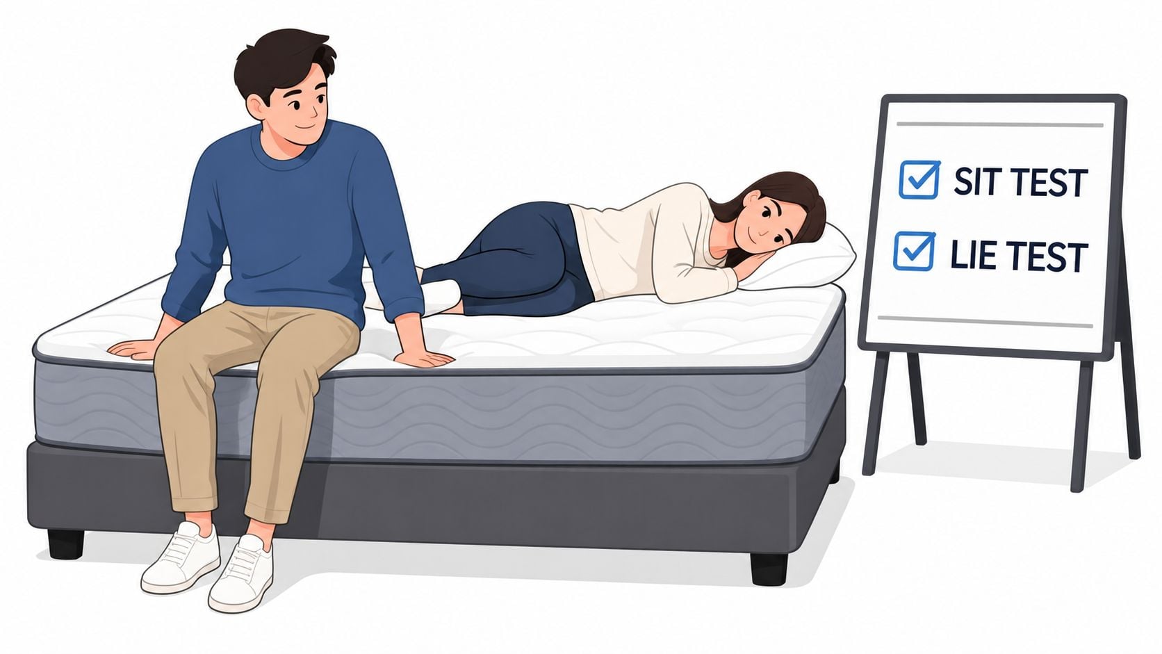 A man and woman testing the comfort and edge support of a mattress in a studio setting.