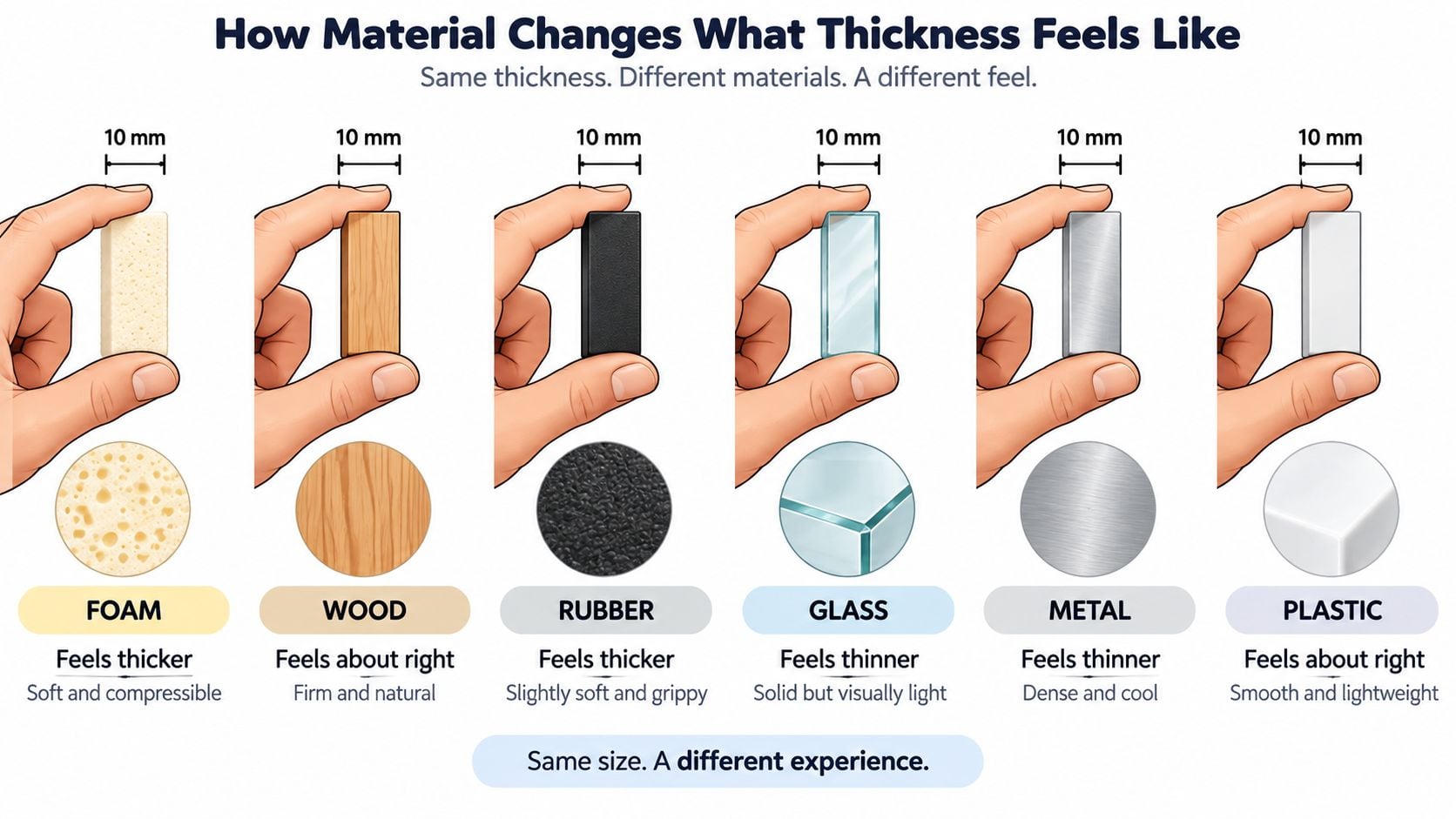 A comparison chart demonstrating how different materials like foam, wood, rubber, glass, metal, and plastic affect perceived thickness.