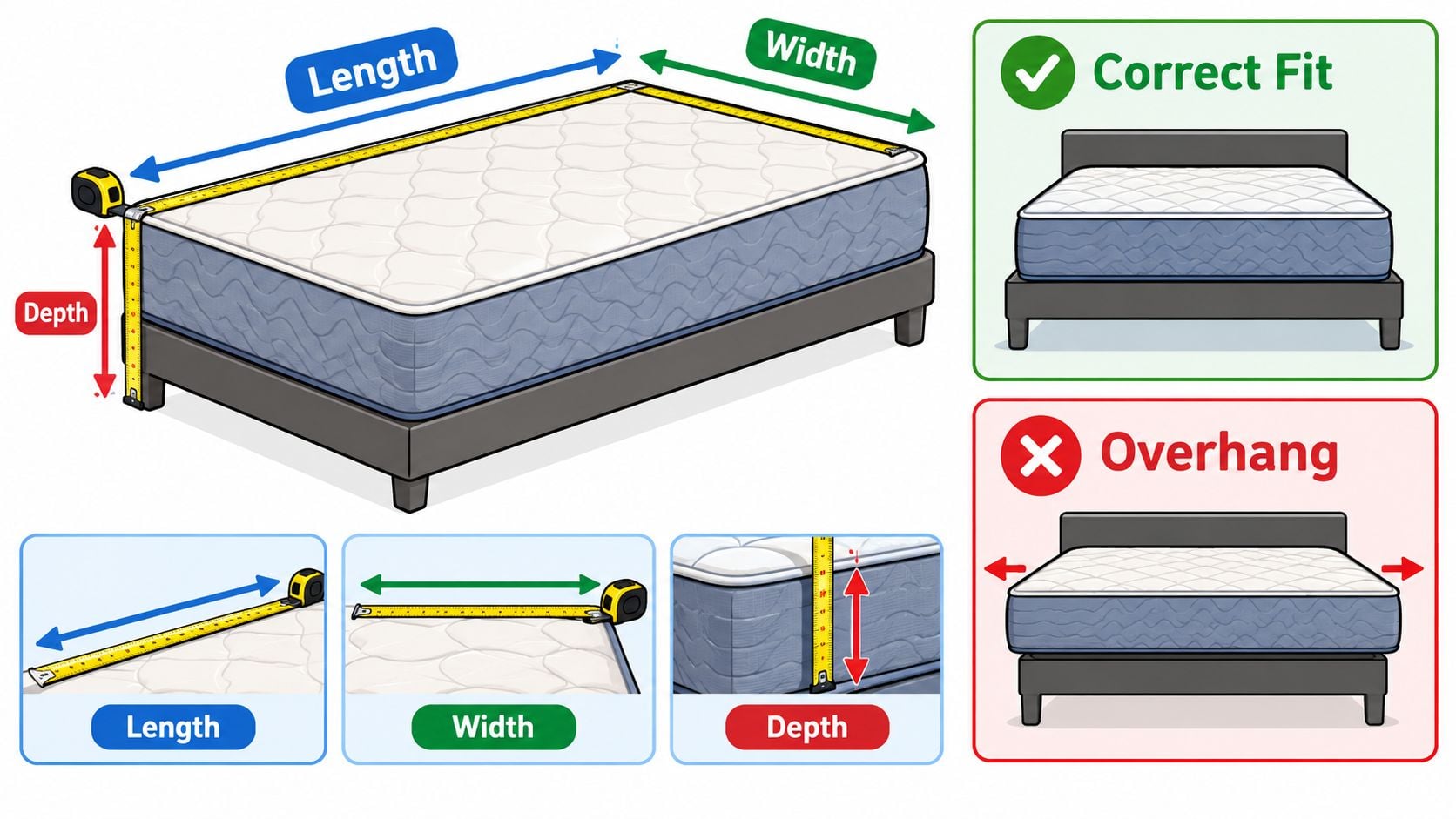 A diagram demonstrating how to correctly measure the length, width, and depth of a mattress.
