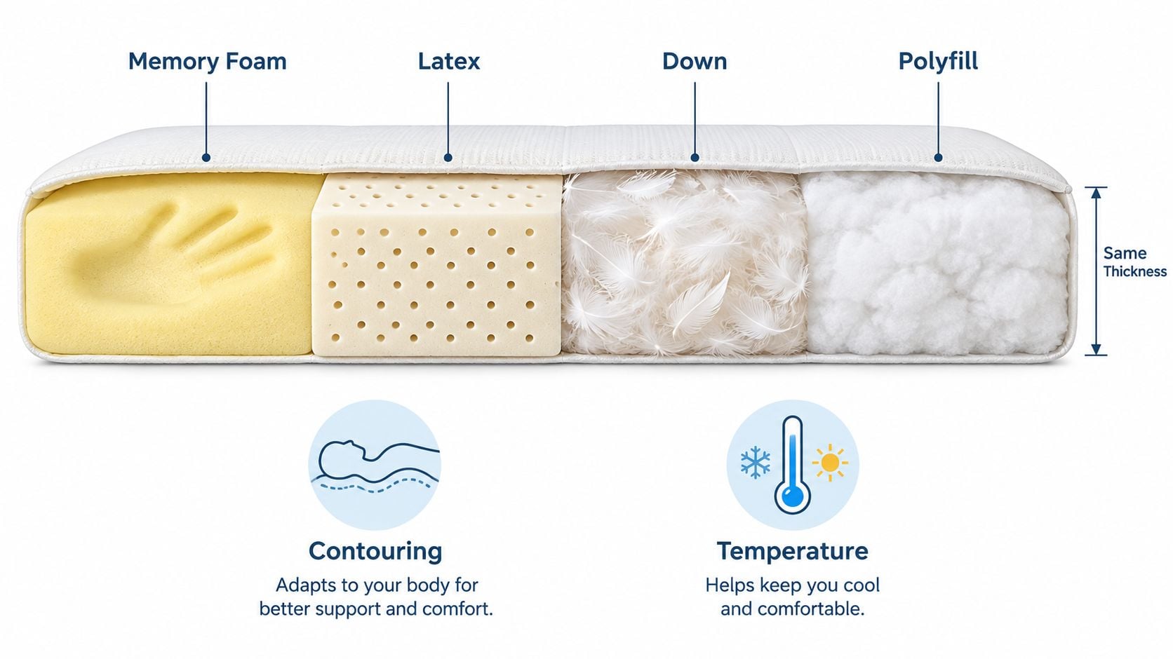 A cross-section diagram showing four different pillow filler materials with uniform thickness for comparison.