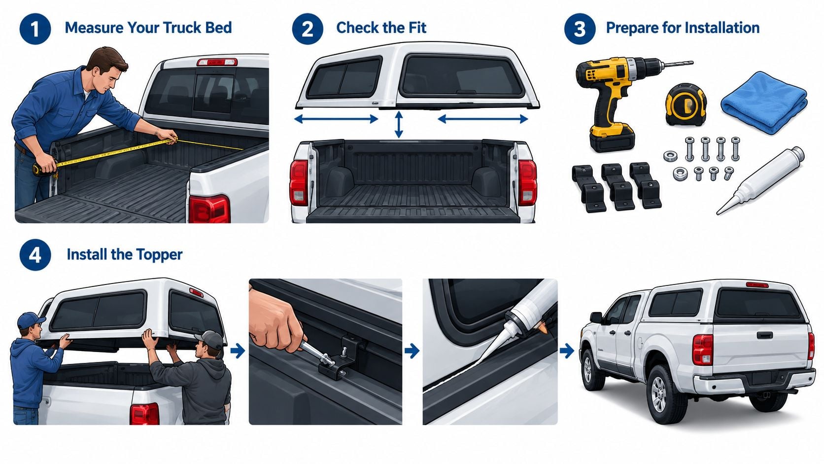 An illustration showing the four-step installation process for a pickup truck bed topper or camper shell.