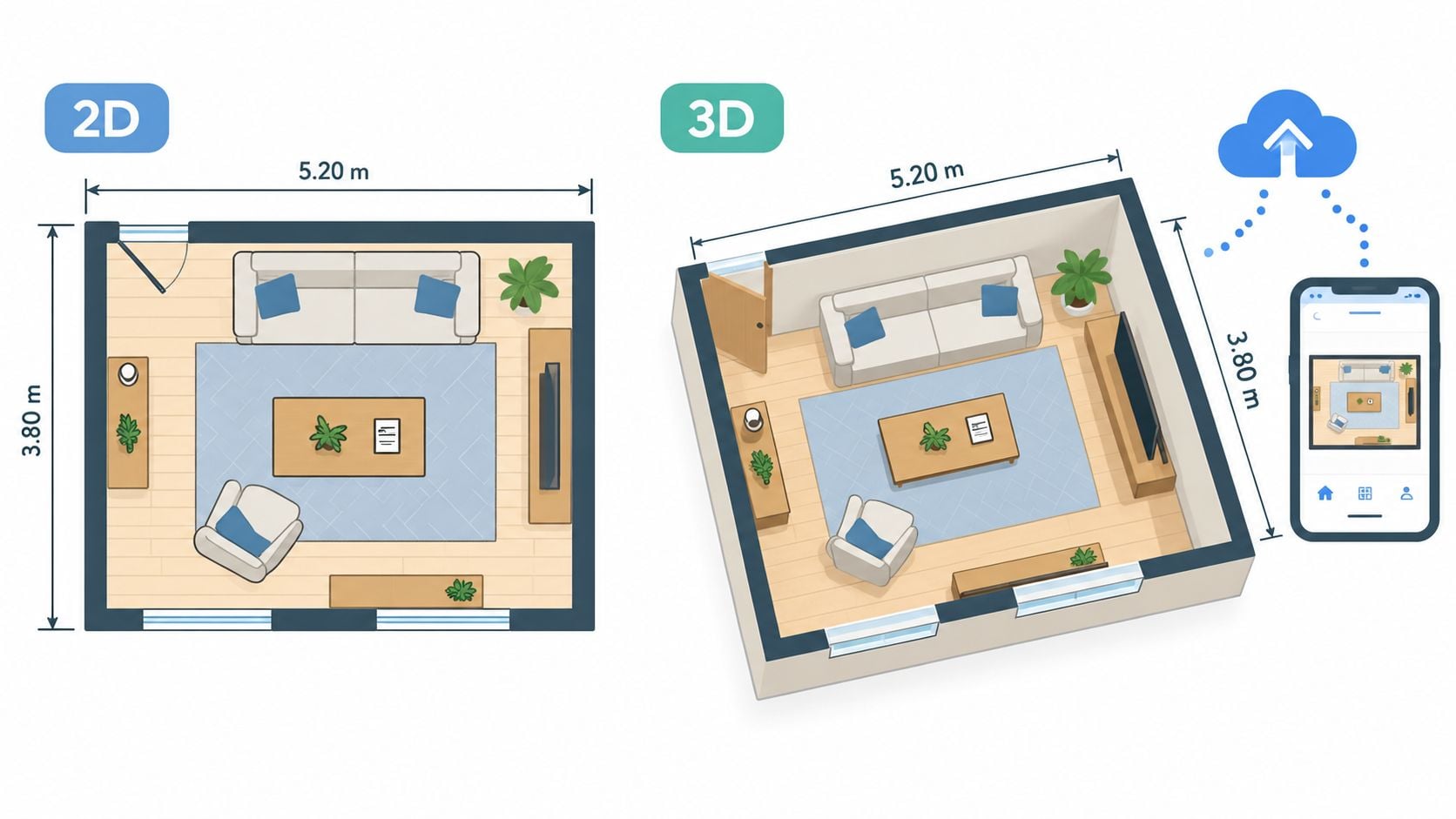 A split image showing a 2D floor plan and a 3D isometric room model uploaded to a smartphone.