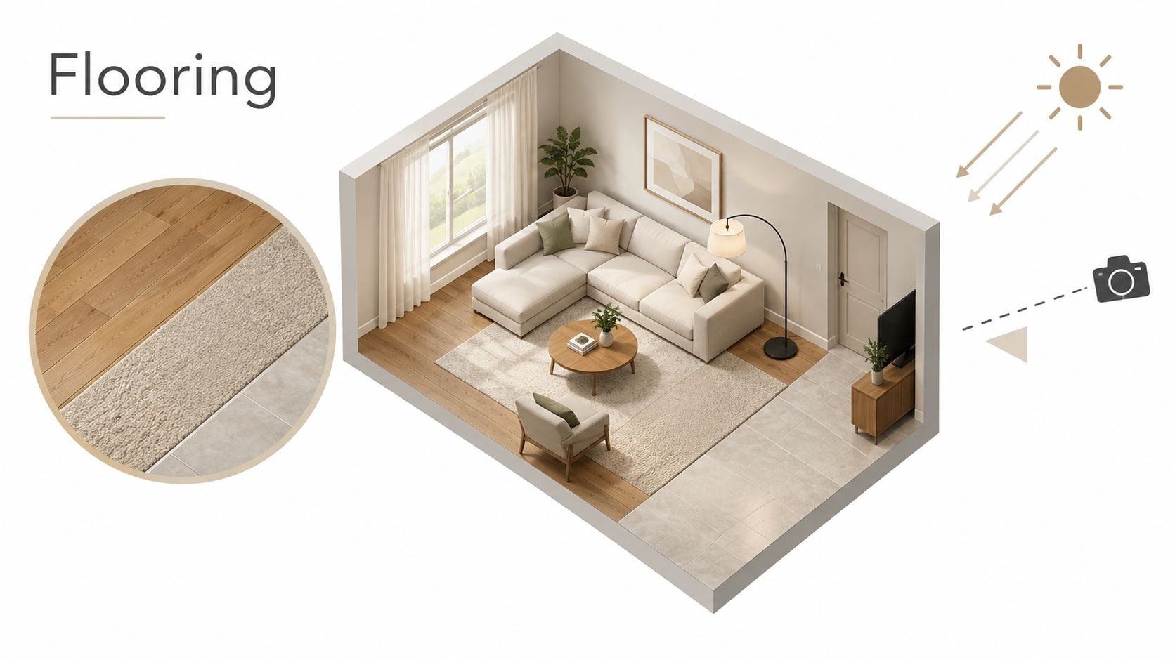 An isometric interior design rendering of a modern living room showcasing different types of flooring materials.