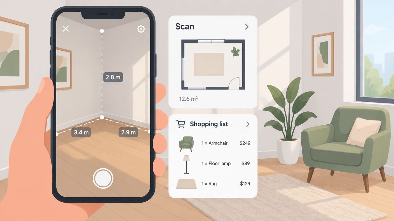 A hand holding a smartphone scanning a living room to generate a 3D floor plan layout.