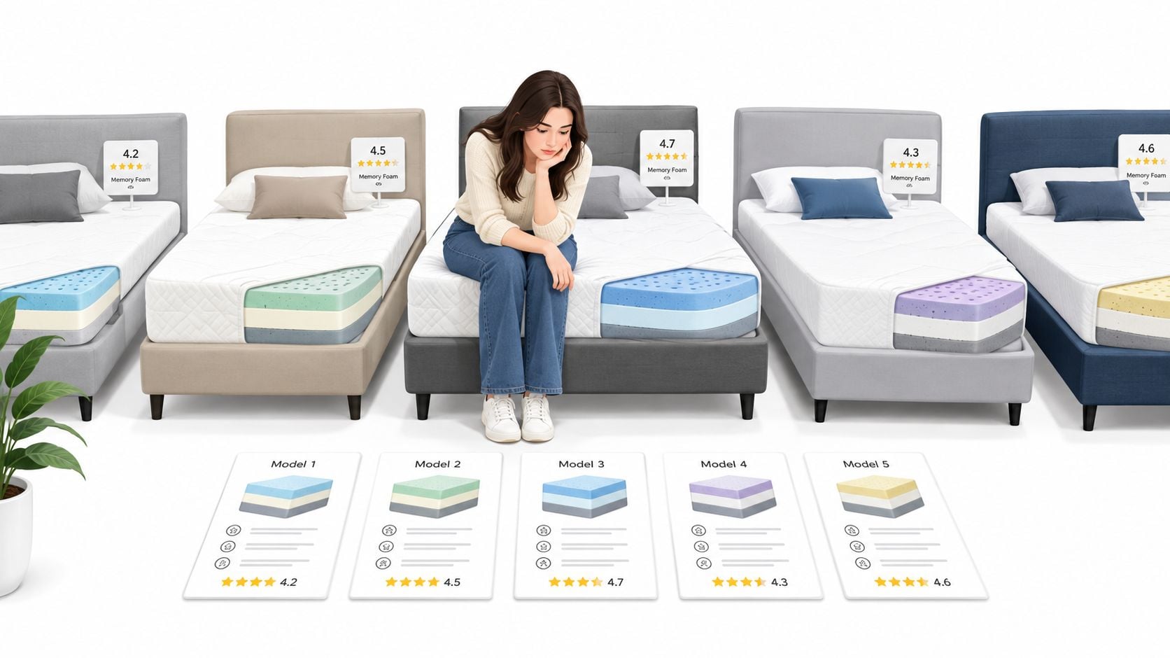 A woman sits on a mattress in a store while comparing several top rated memory foam models.