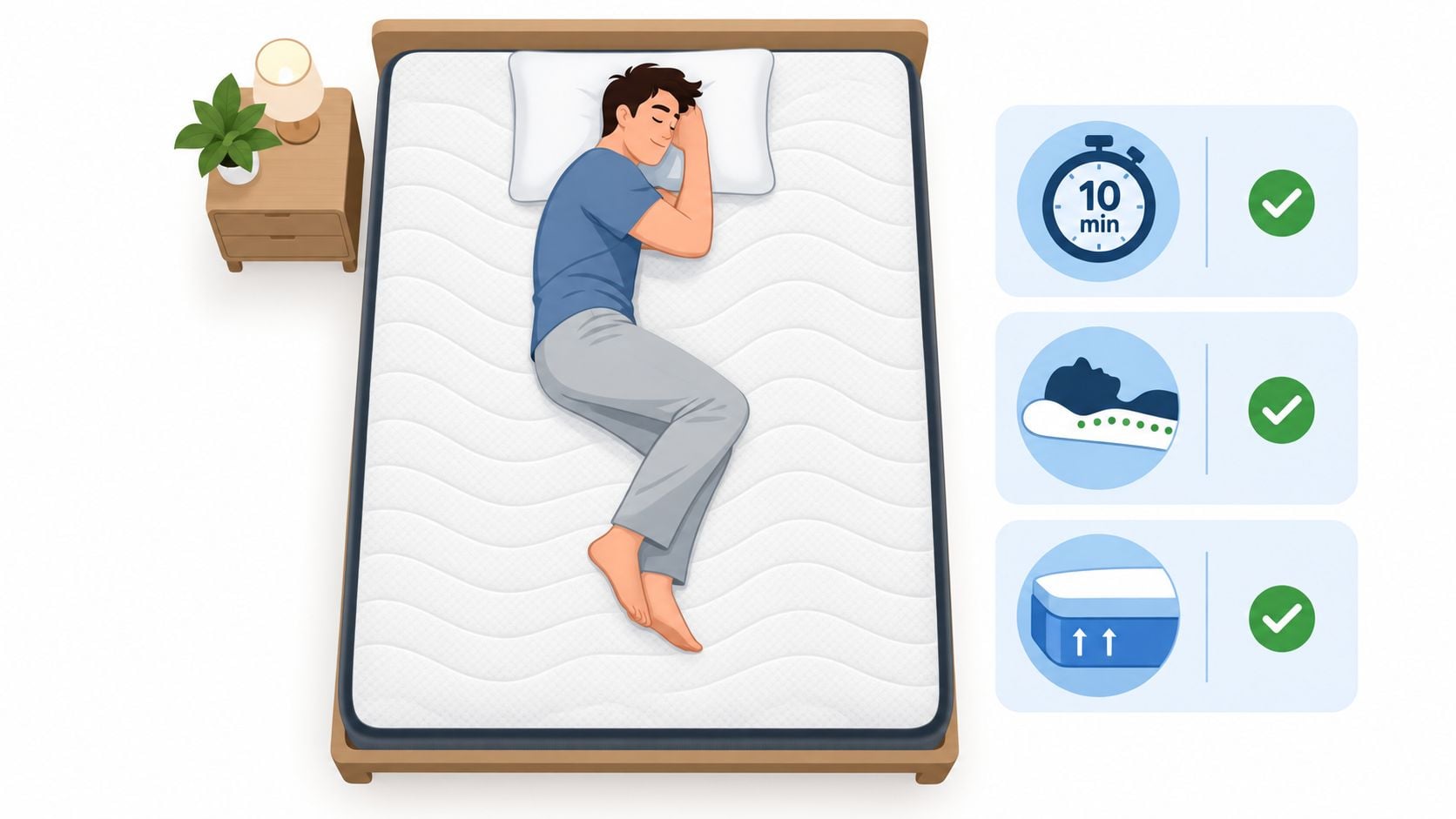 A person sleeping comfortably on a memory foam mattress next to a nightstand with a lamp.