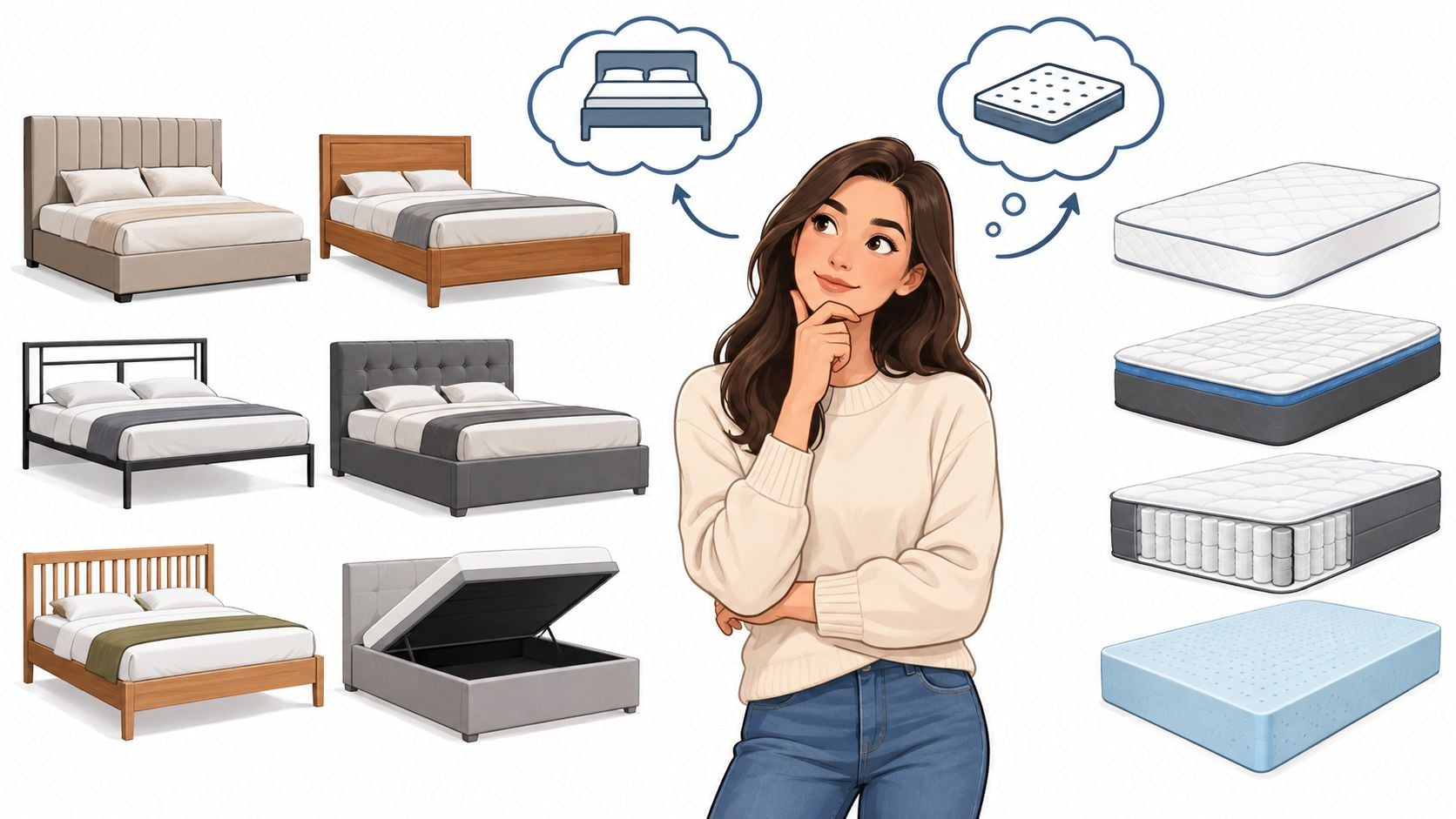 A woman considering various bedroom furniture and mattress options shown in a collection of illustrations.