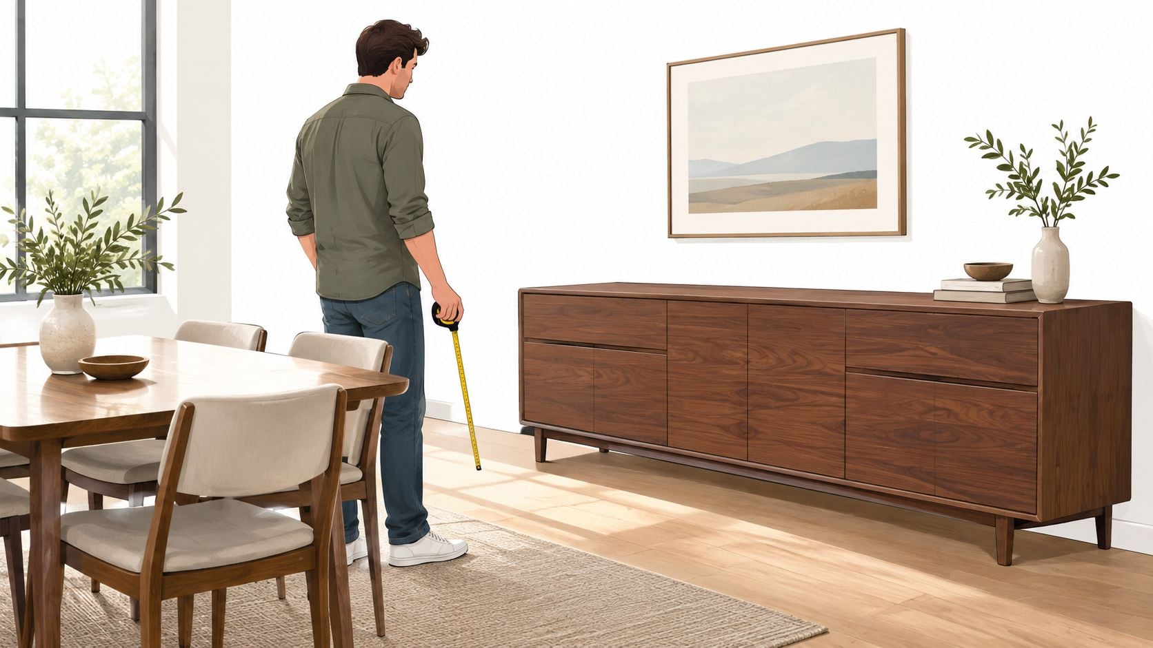 A man using a tape measure in a modern dining room next to a wooden credenza.
