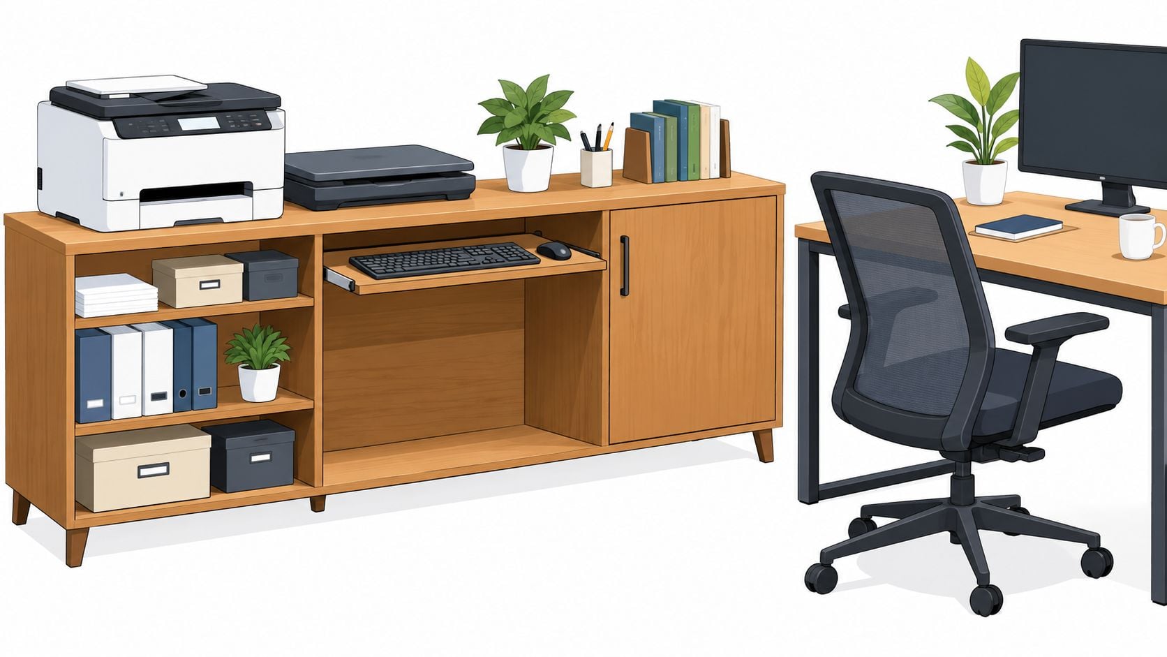 A wooden office desk and credenza setup featuring a printer, computer monitor, and an ergonomic office chair.
