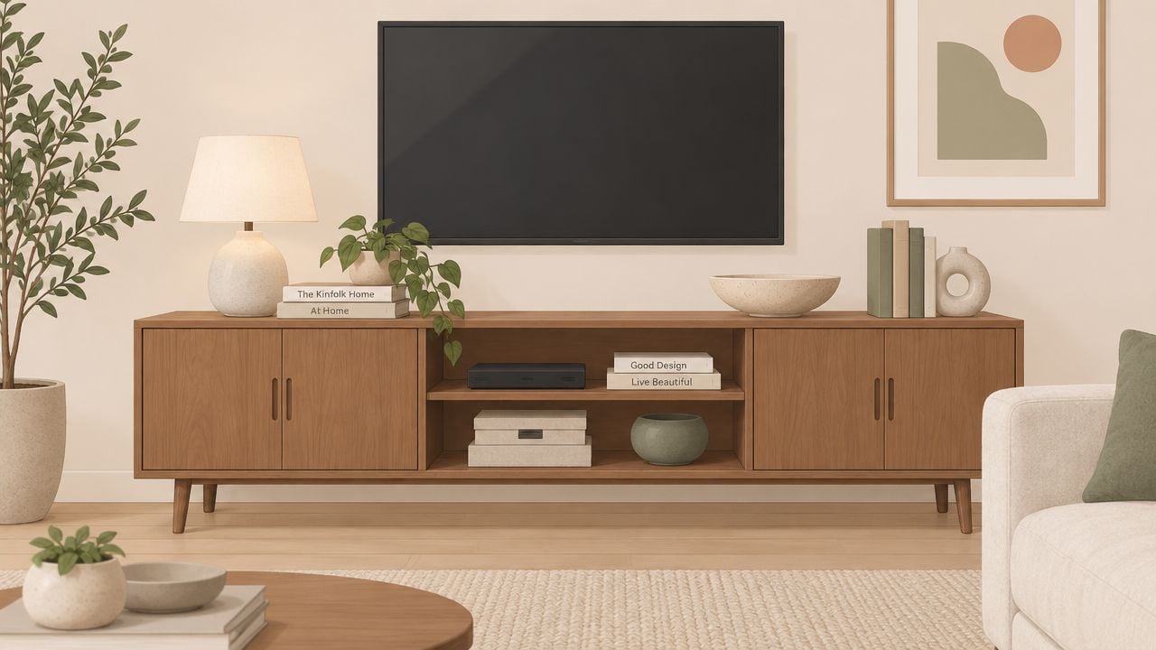 A minimalist wooden credenza serving as a TV stand decorated with books, plants, and home decor items.