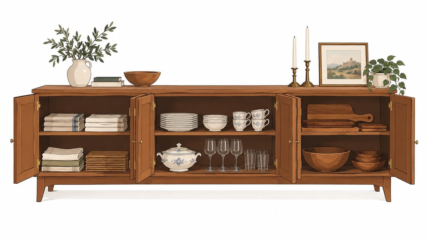 A wooden credenza with open cabinet doors revealing stacked plates, glassware, serving bowls, and organized linens.