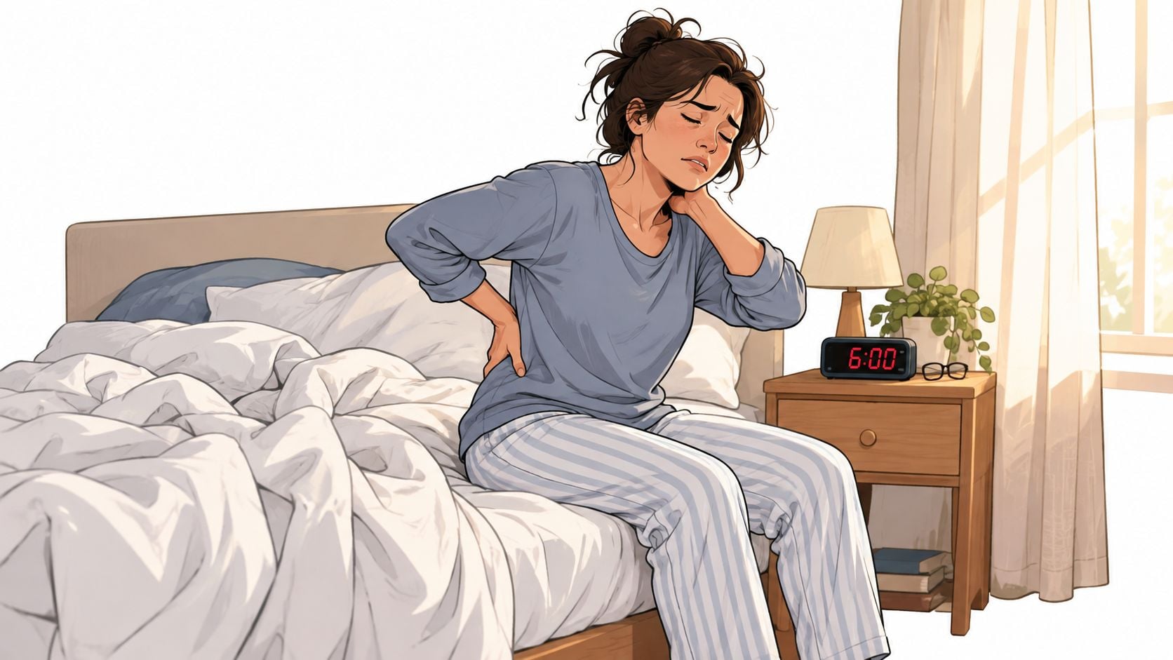 A woman waking up in bed at 6:00 AM, holding her back and neck in visible discomfort.
