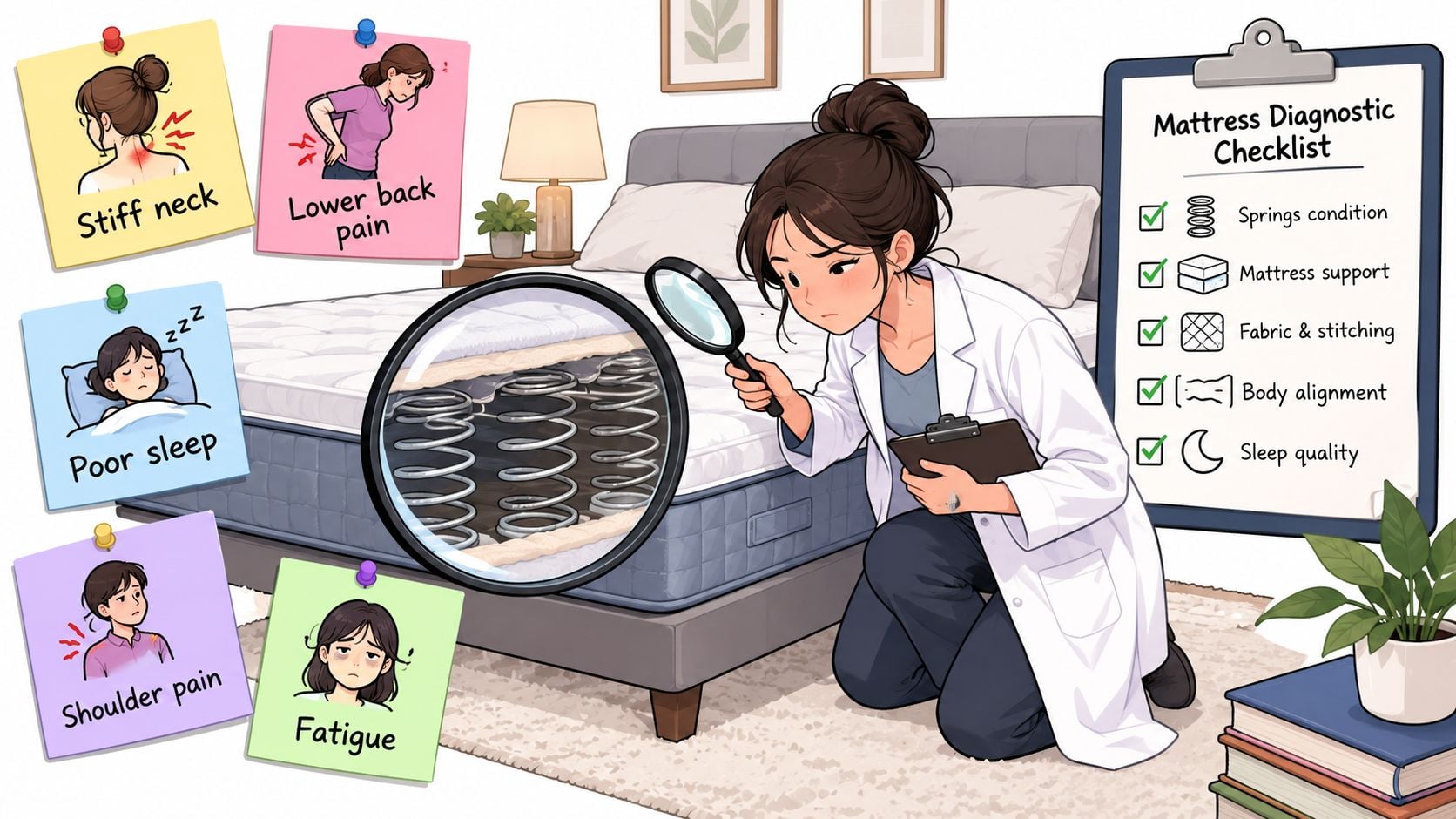 A cartoon doctor examining a mattress with a magnifying glass while signs of poor sleep are displayed around.