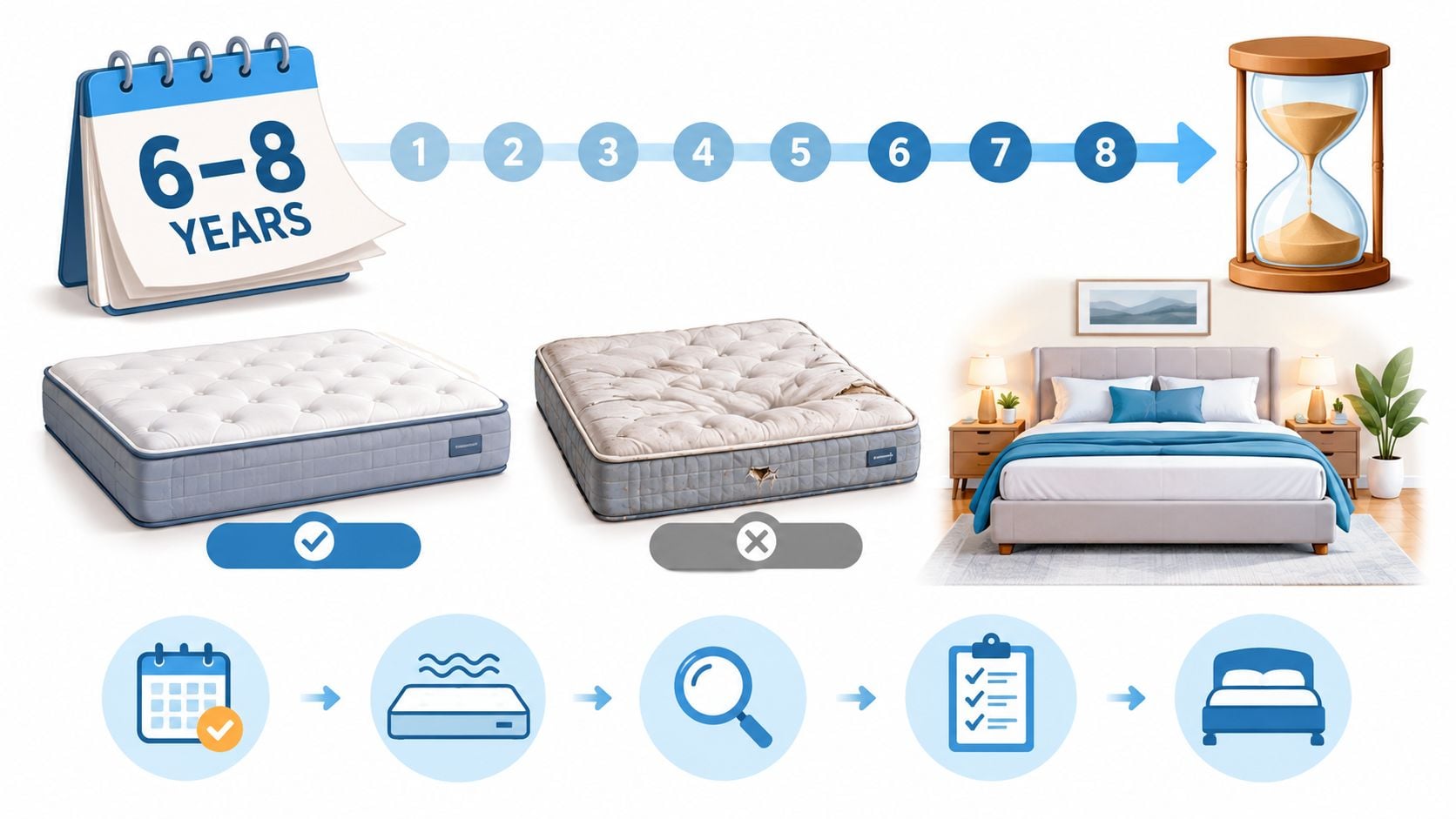 An infographic illustrating that mattresses should be replaced every six to eight years for better sleep quality.
