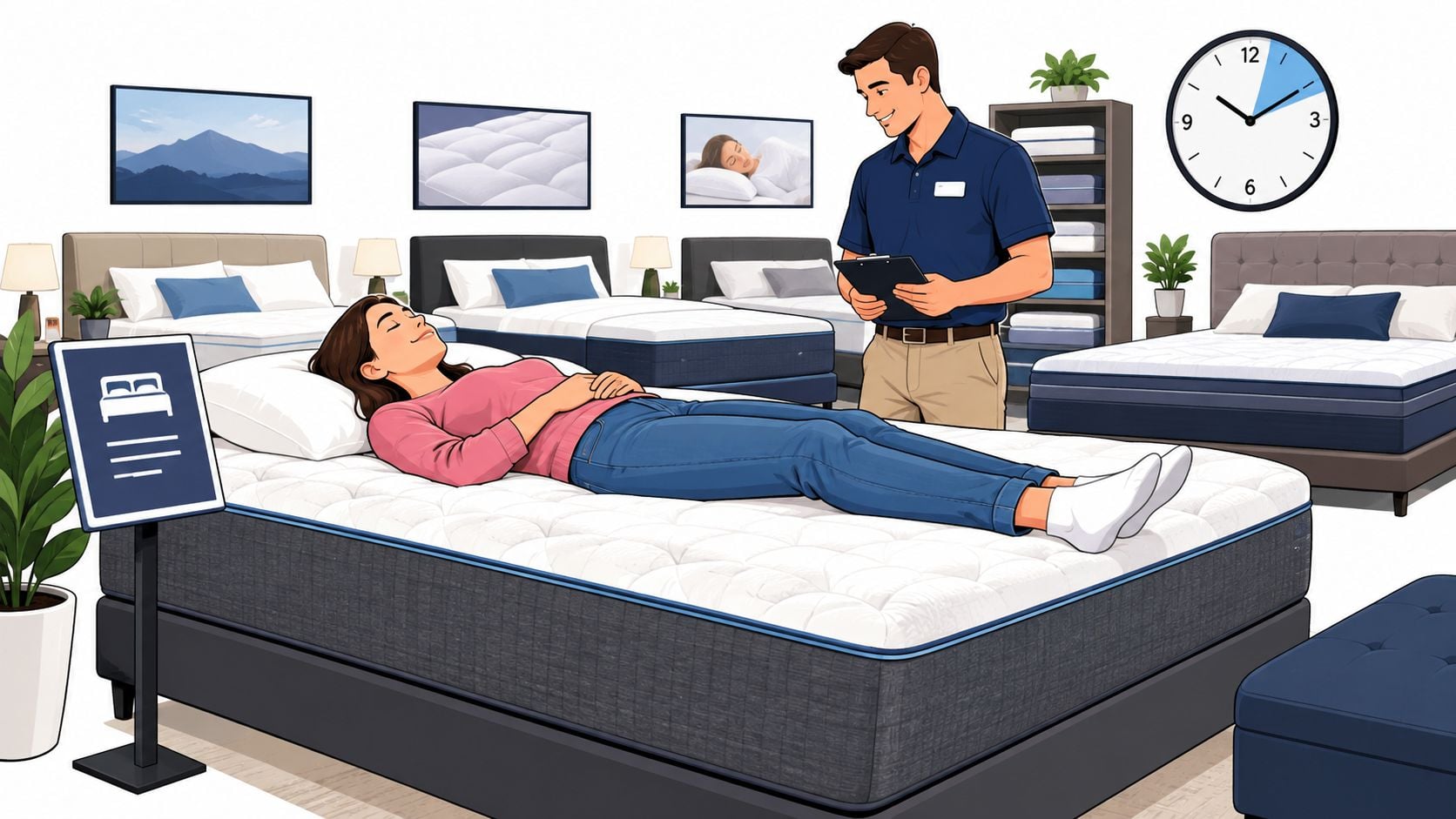 A store salesperson assisting a woman testing a new mattress in a bedroom furniture store showroom.