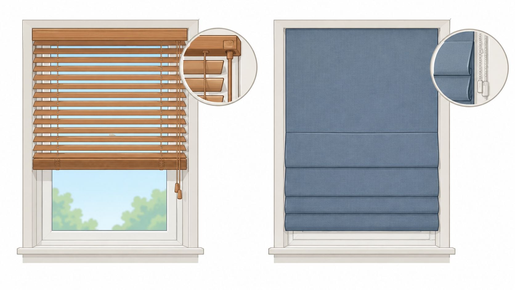 A comparison illustration showing a wooden slatted blind on the left and a blue roman shade on the right.