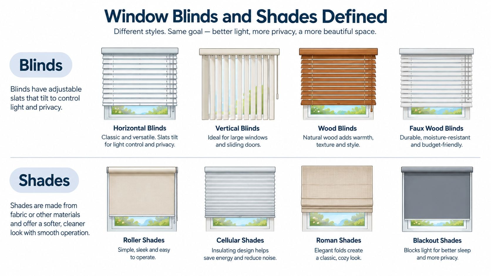 An infographic illustrating the differences between various styles of window blinds and shades with brief descriptions.