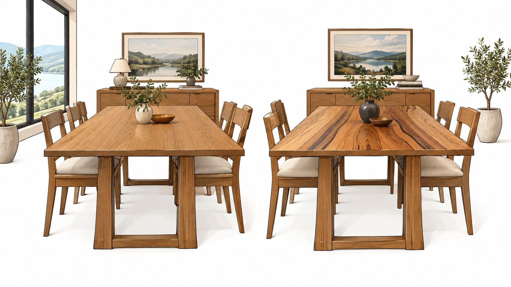 Two side-by-side dining sets featuring wooden tables with distinct wood grain patterns and matching chairs.