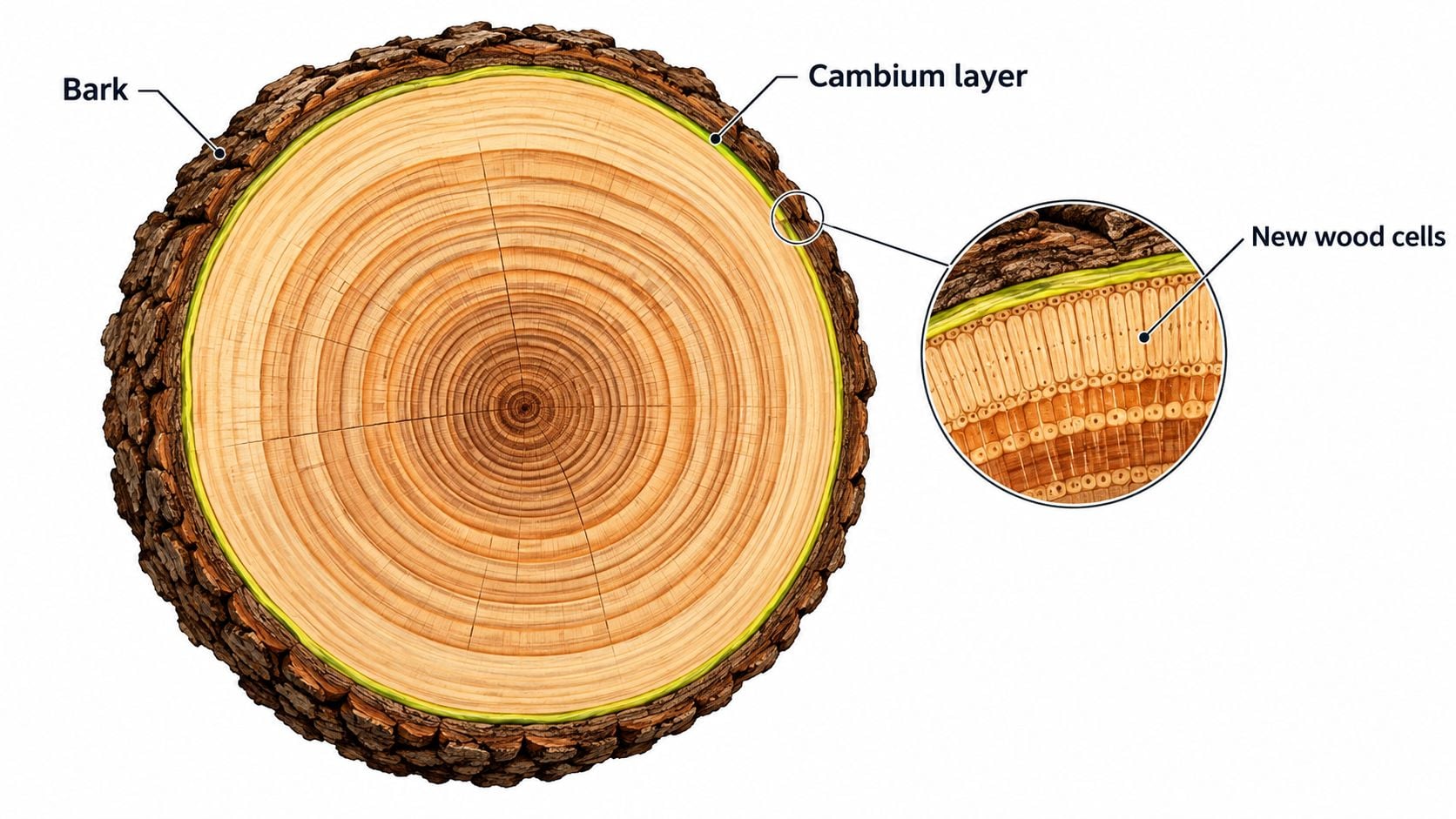 A cross-section of a tree trunk showing the bark, cambium layer, and developing new wood cells.