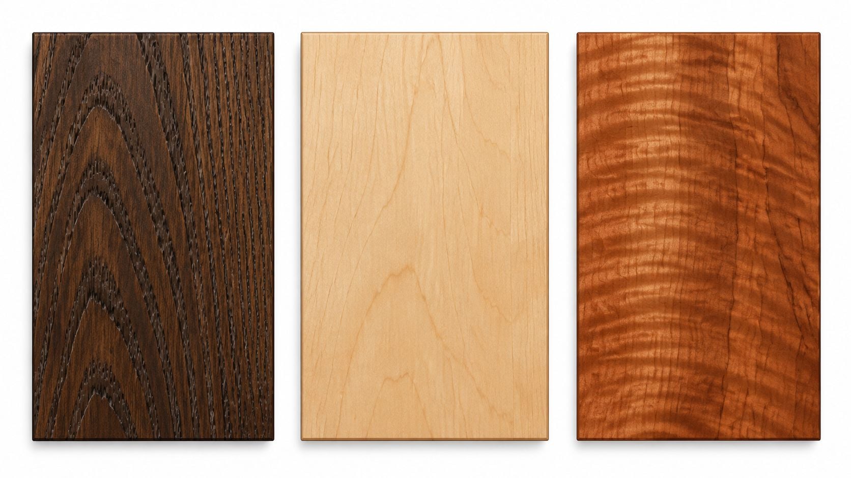 Three rectangular wooden boards showcasing different wood species, textures, and natural wood grain patterns side by side.