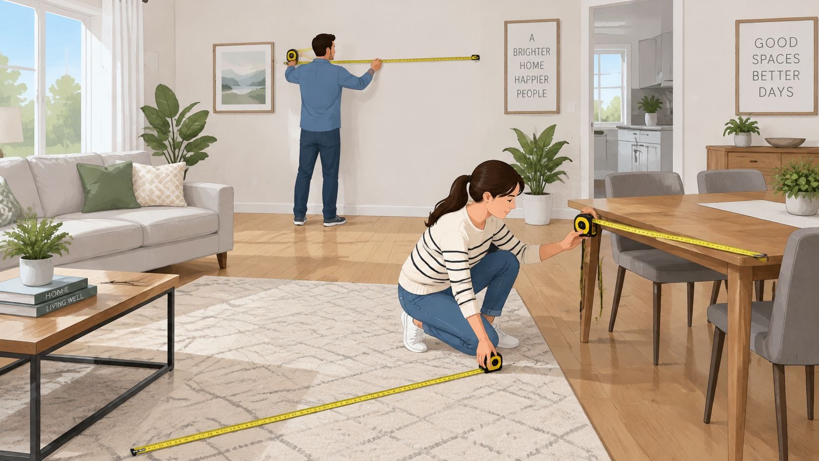A man and a woman using a long tape measure to measure wall and furniture dimensions inside.