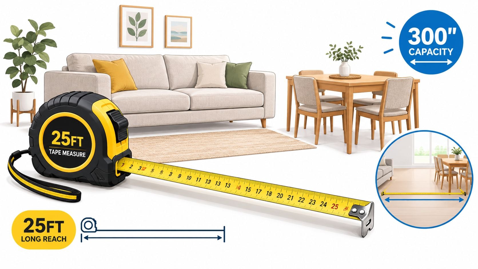 A yellow and black 25-foot tape measure extended on a floor in a modern living room setting.